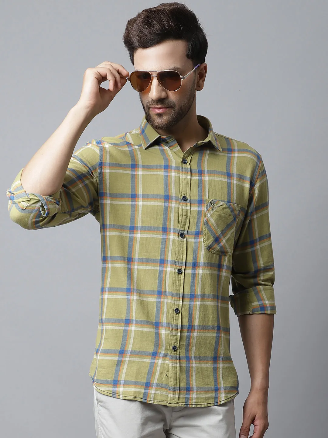 Cantabil Cotton Checkered Light Green Full Sleeve Casual Shirt for Men with Pocket