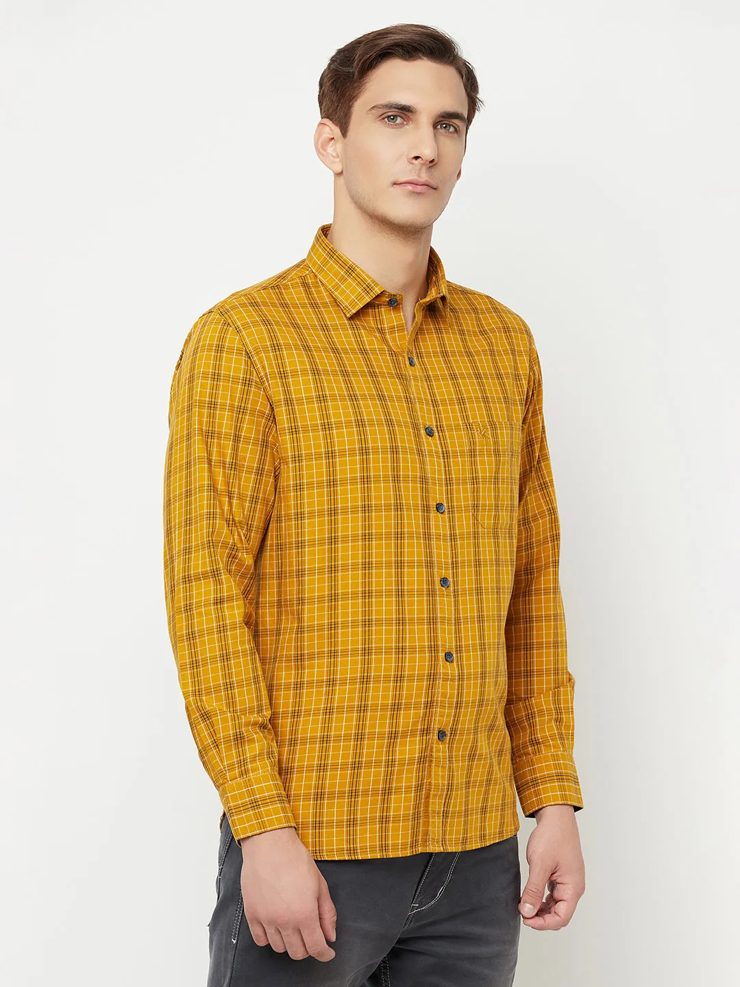 Cantabil Cotton Checkered Mustard Full Sleeve Casual Shirt for Men with Pocket