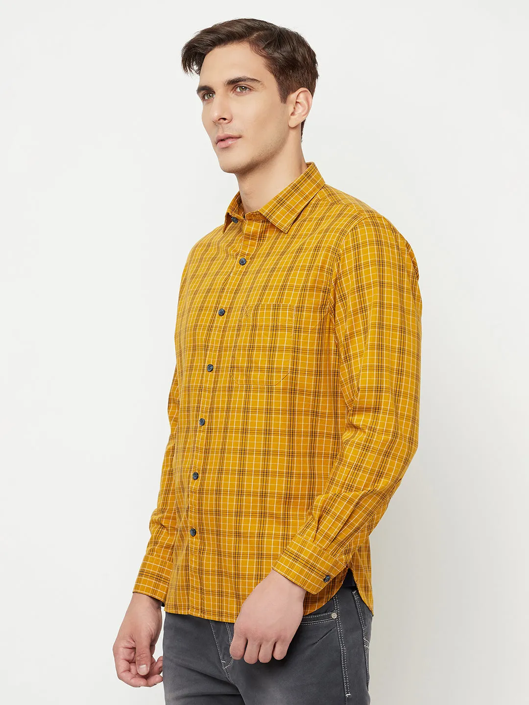 Cantabil Cotton Checkered Mustard Full Sleeve Casual Shirt for Men with Pocket