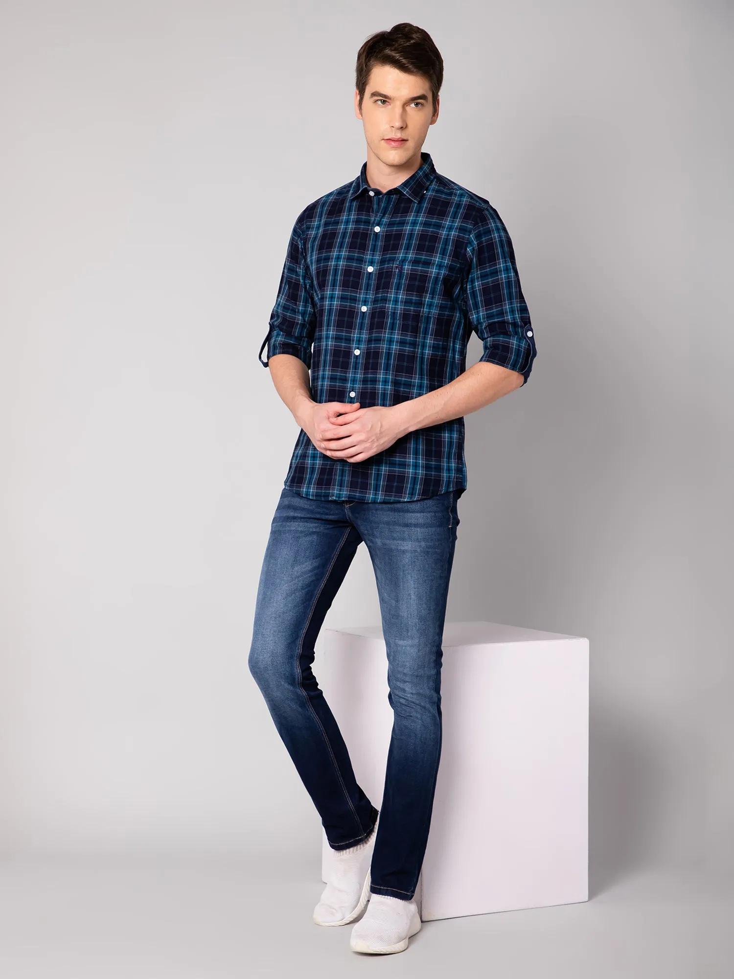 Cantabil Cotton Checkered Navy Blue Full Sleeve Casual Shirt for Men with Pocket