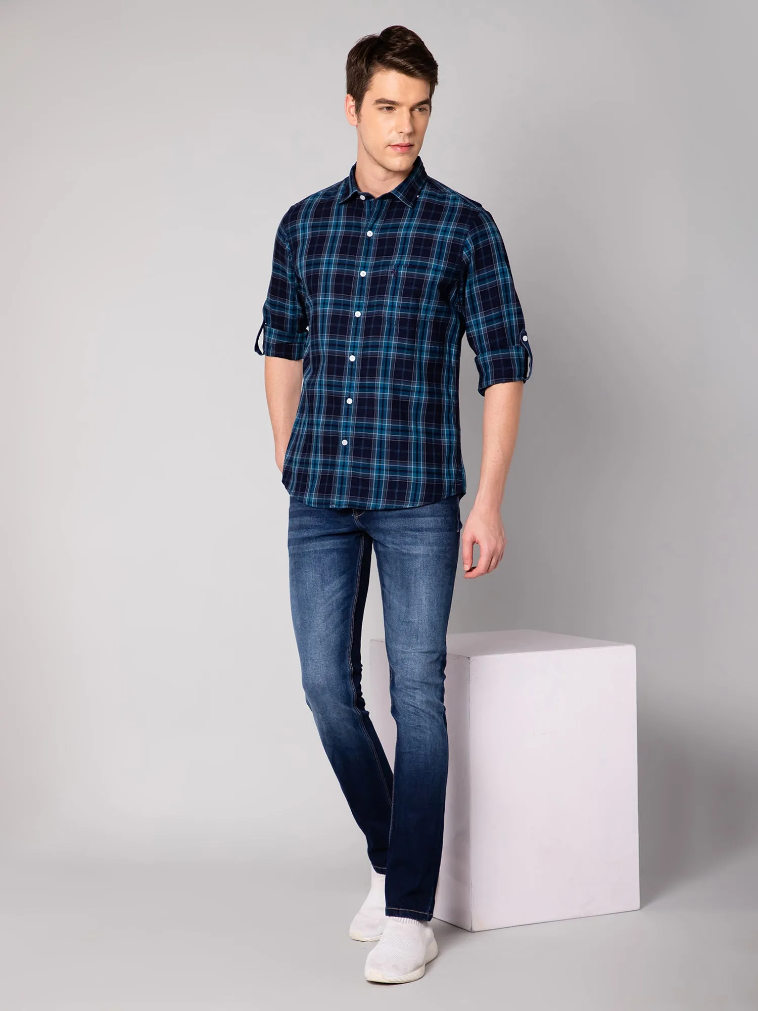 Cantabil Cotton Checkered Navy Blue Full Sleeve Casual Shirt for Men with Pocket