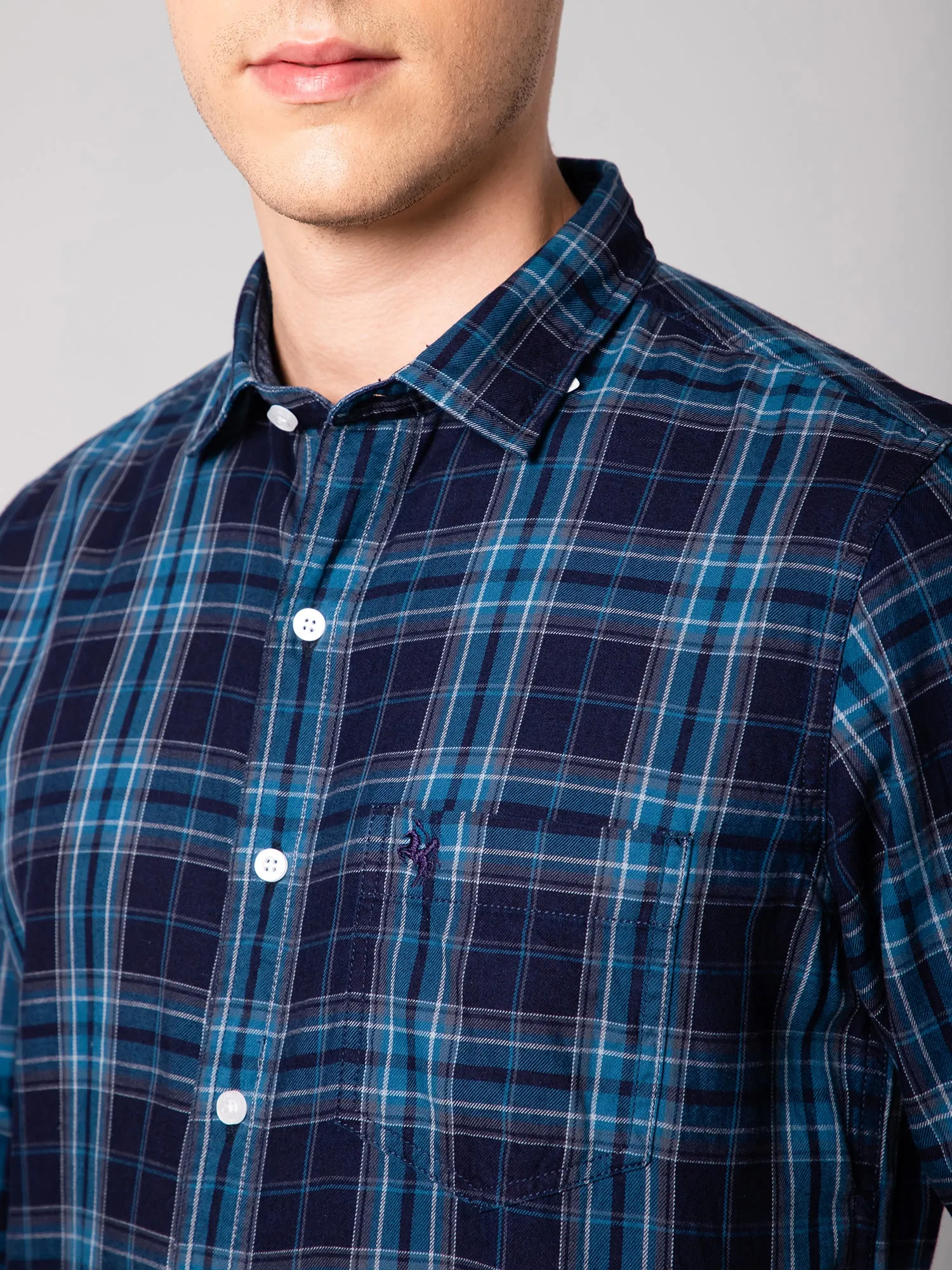 Cantabil Cotton Checkered Navy Blue Full Sleeve Casual Shirt for Men with Pocket