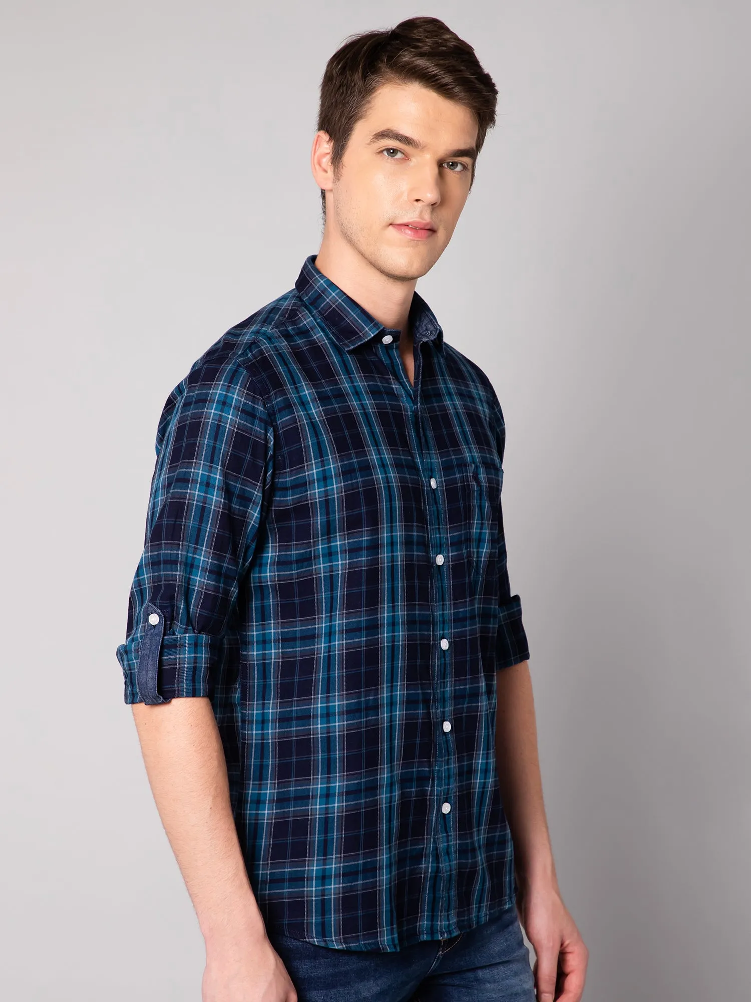 Cantabil Cotton Checkered Navy Blue Full Sleeve Casual Shirt for Men with Pocket