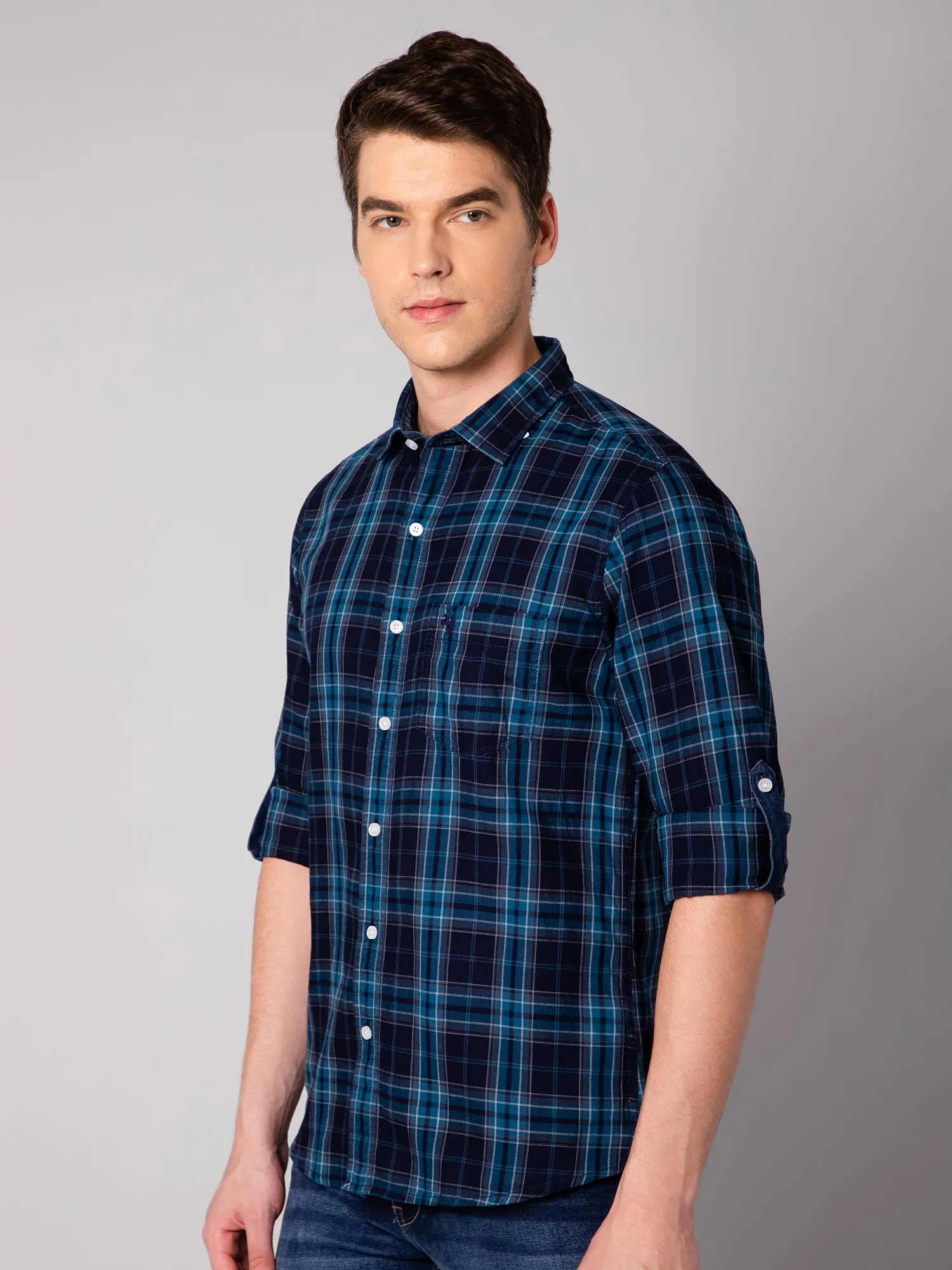 Cantabil Cotton Checkered Navy Blue Full Sleeve Casual Shirt for Men with Pocket