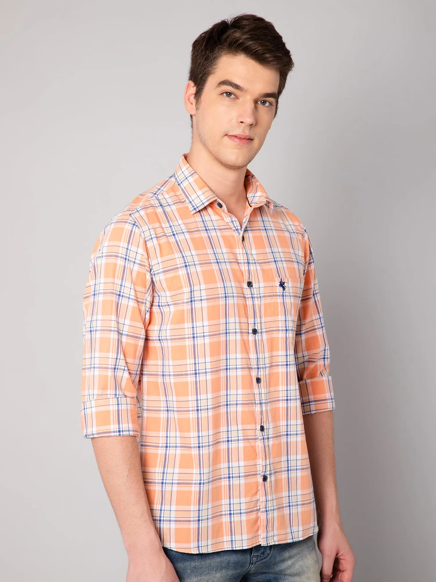 Cantabil Cotton Checkered Orange Full Sleeve Casual Shirt for Men with Pocket