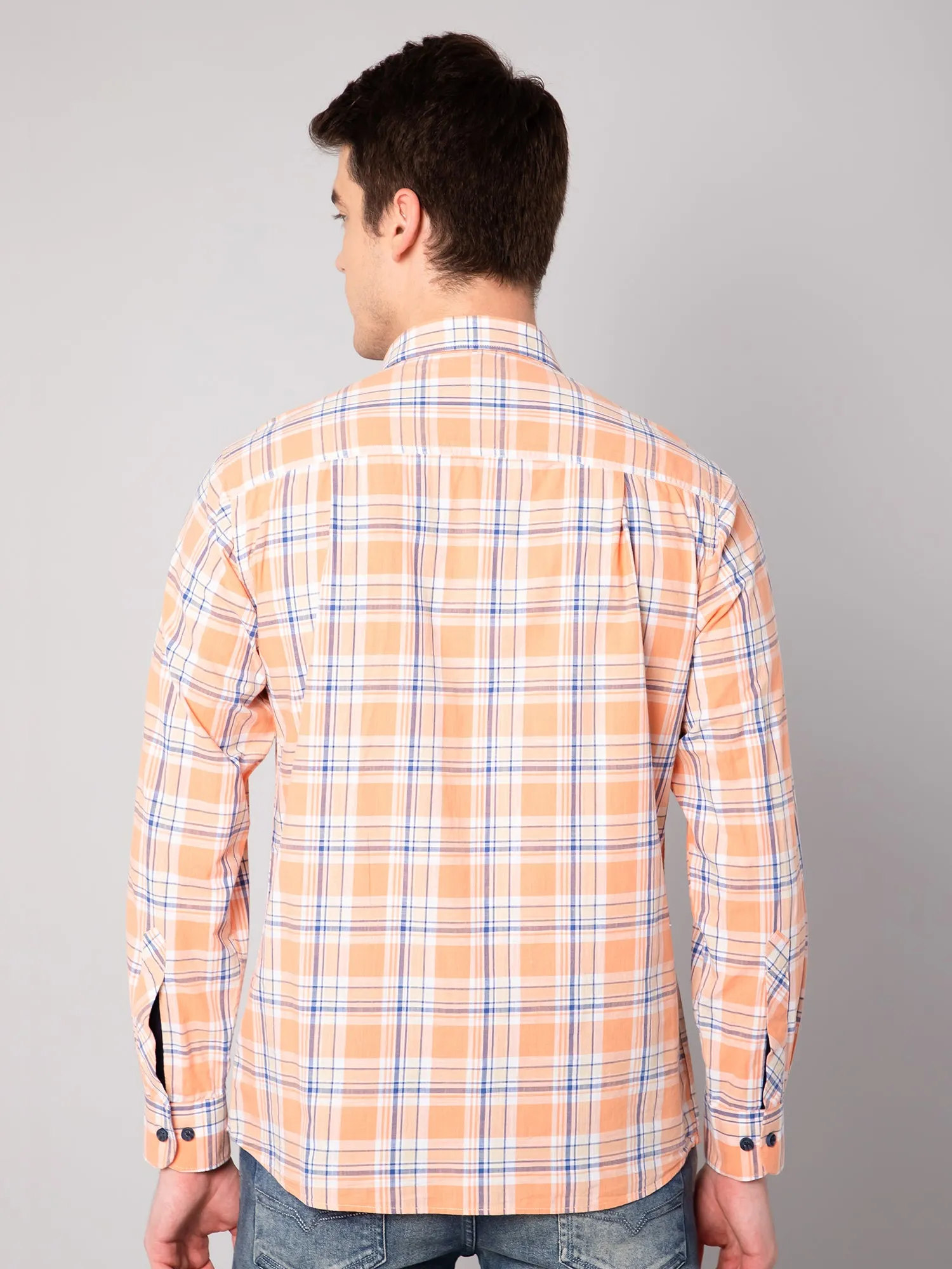 Cantabil Cotton Checkered Orange Full Sleeve Casual Shirt for Men with Pocket