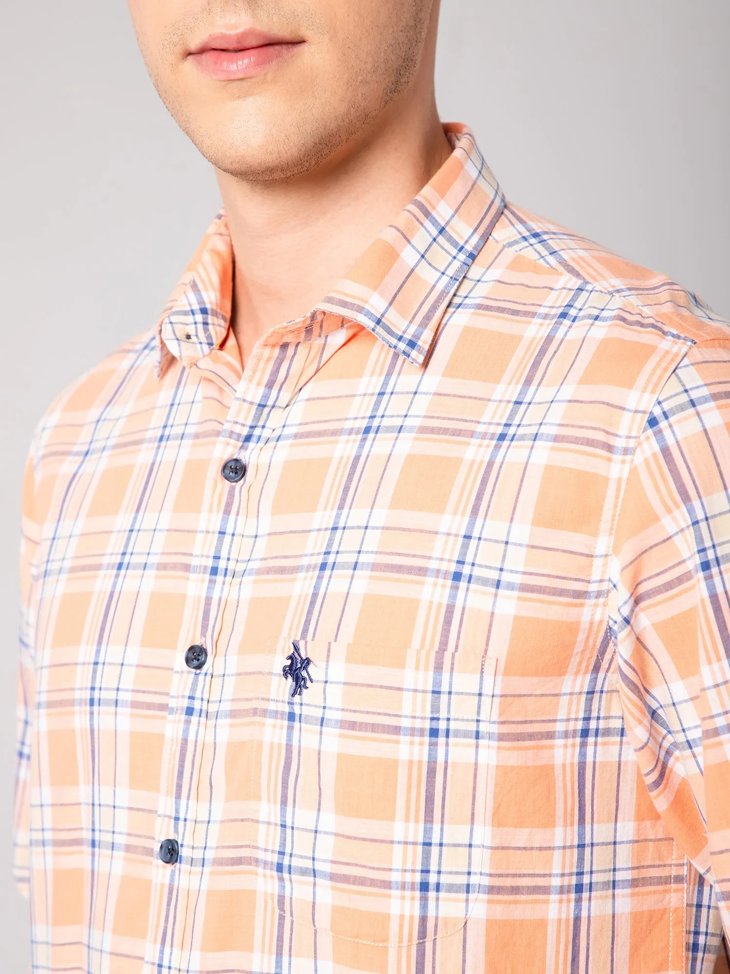 Cantabil Cotton Checkered Orange Full Sleeve Casual Shirt for Men with Pocket