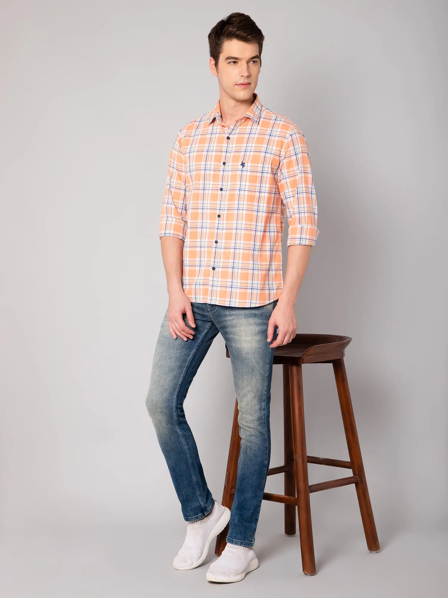 Cantabil Cotton Checkered Orange Full Sleeve Casual Shirt for Men with Pocket