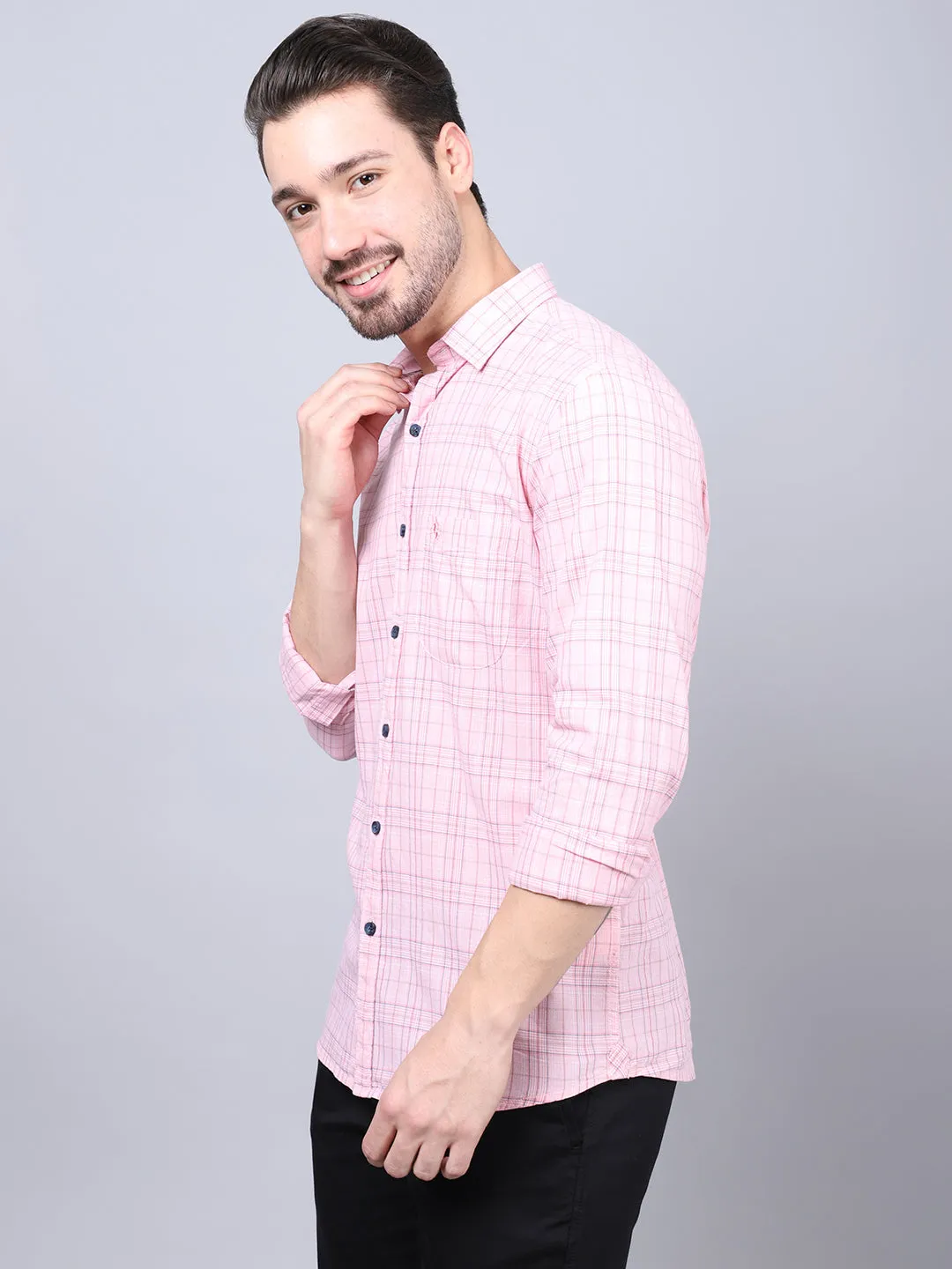 Cantabil Cotton Checkered Pink Full Sleeve Casual Shirt for Men with Pocket