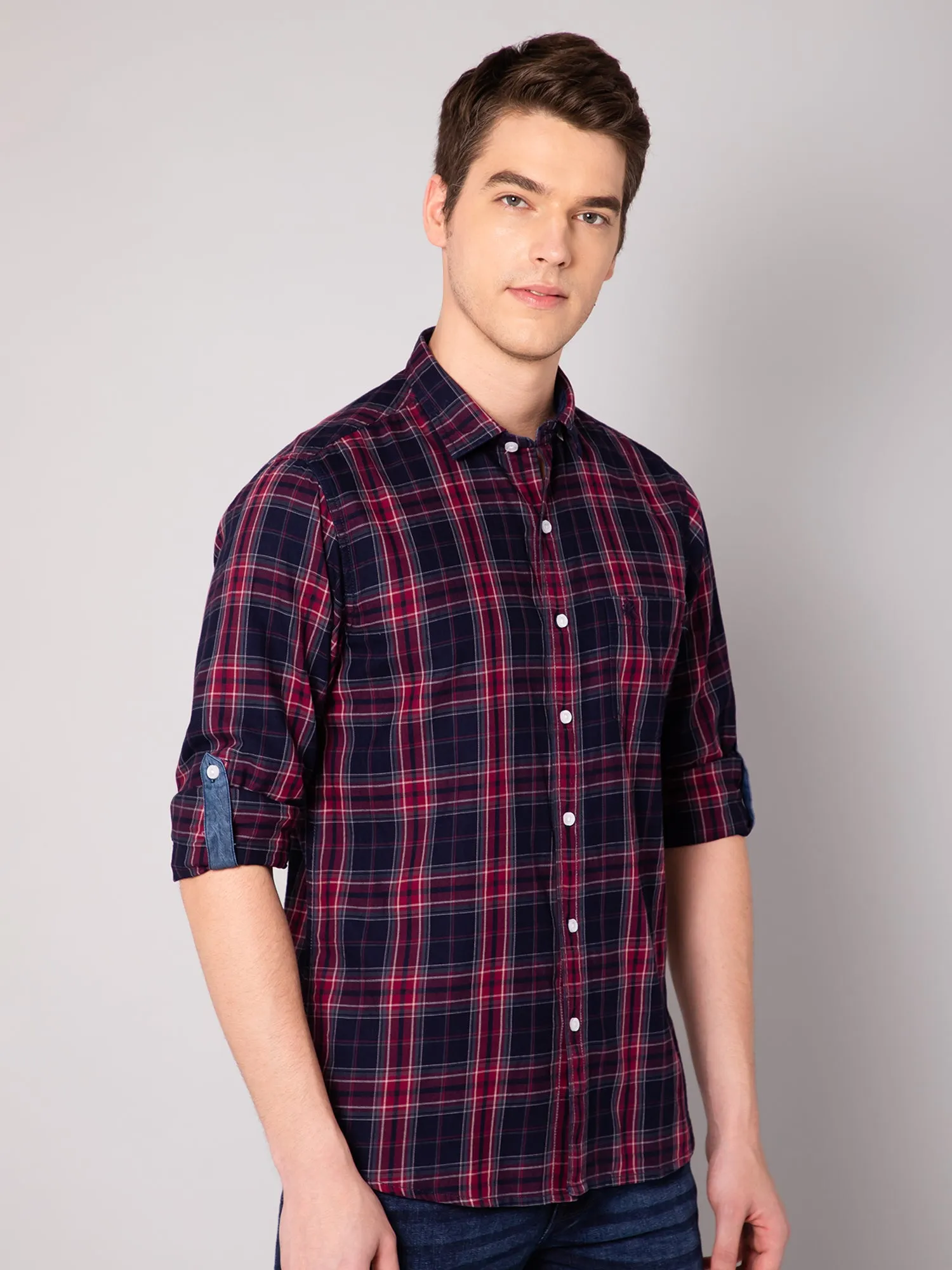 Cantabil Cotton Checkered Red Full Sleeve Casual Shirt for Men with Pocket