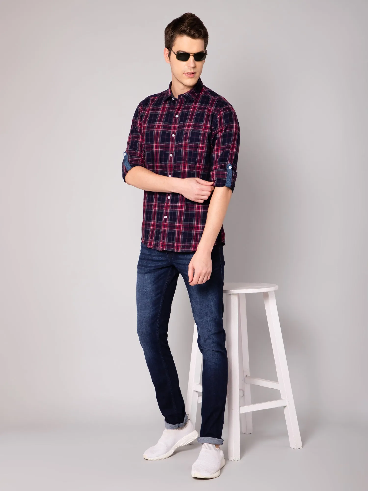 Cantabil Cotton Checkered Red Full Sleeve Casual Shirt for Men with Pocket