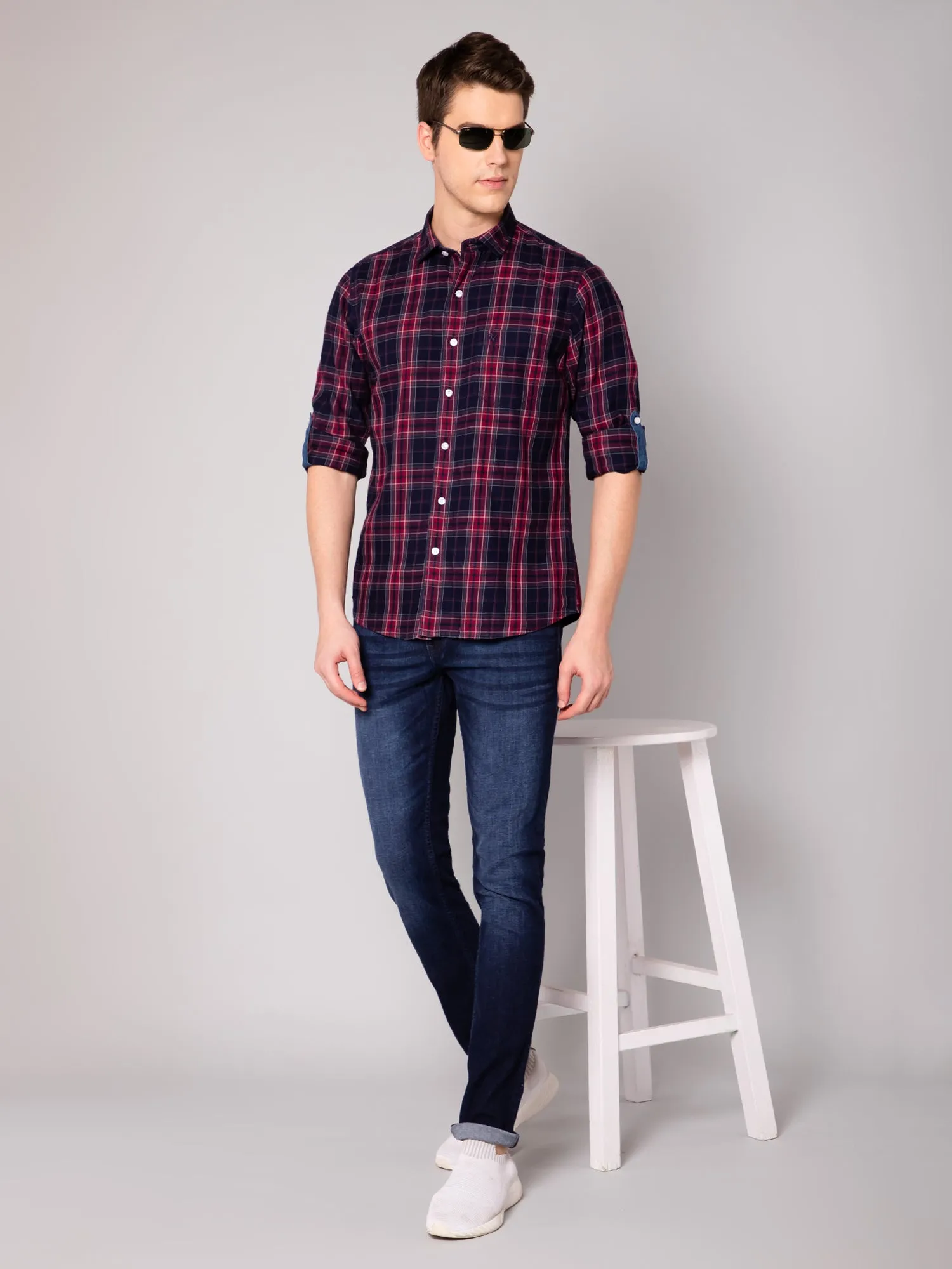 Cantabil Cotton Checkered Red Full Sleeve Casual Shirt for Men with Pocket