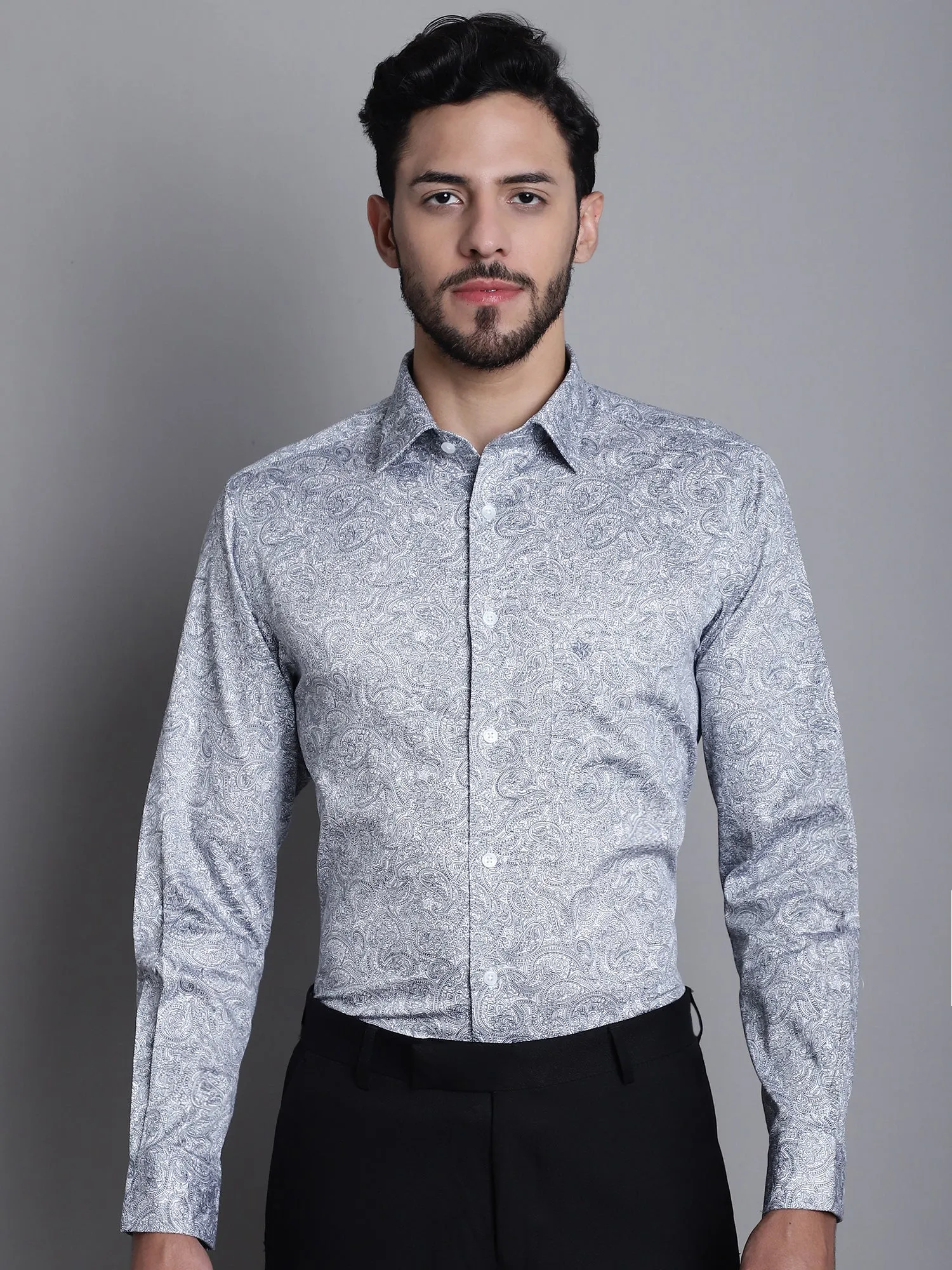 Cantabil Cotton Floral Printed Navy Blue Full Sleeve Party Wear Shirt for Men with Pocket