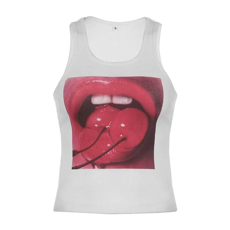 Casual Bodycon White Summer Tank Top Short Graphic Print Sleeveless Tee Korean Outfits Cutecore Women Vest Crop Tops