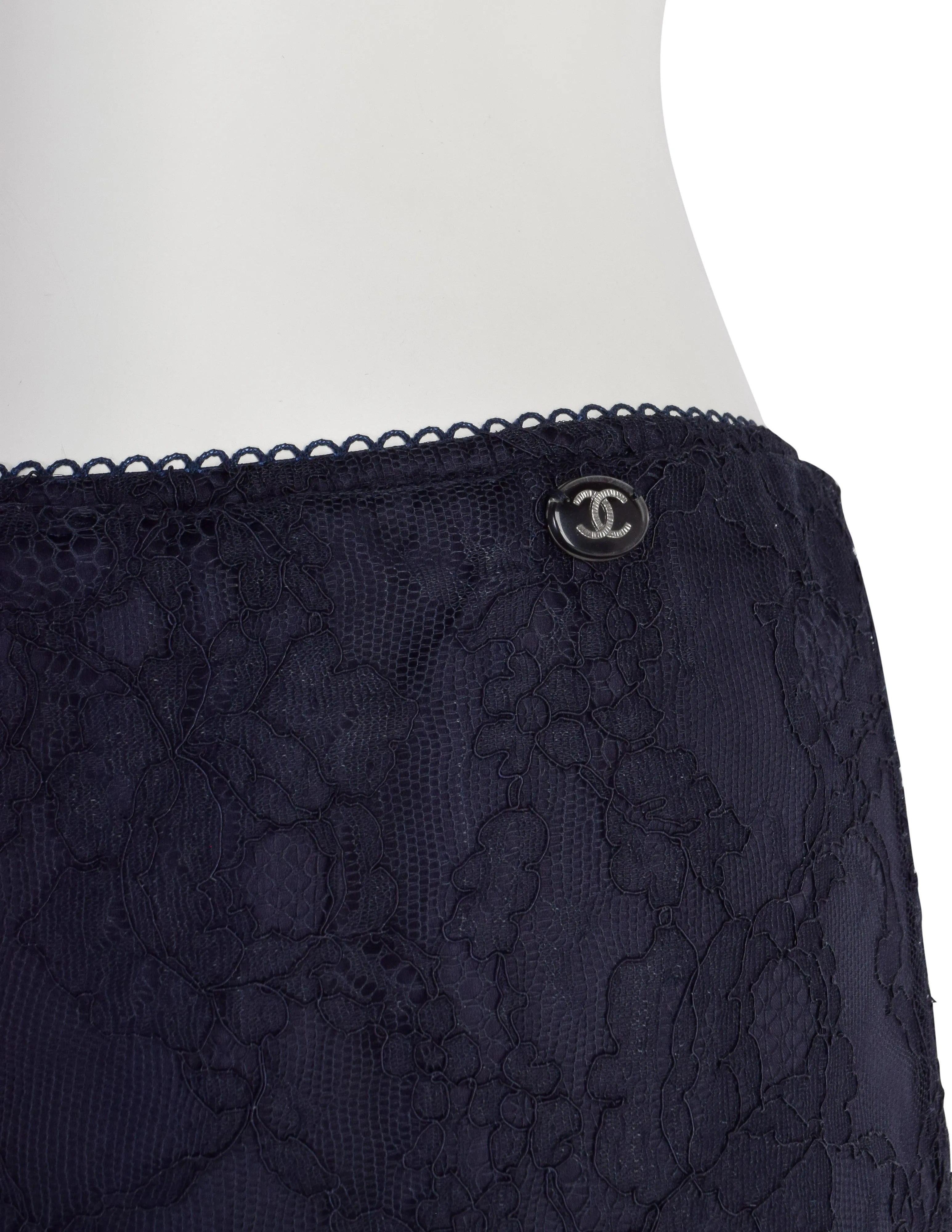 Chanel Vintage Navy Blue Silk and Lace Overlay Mini Skirt