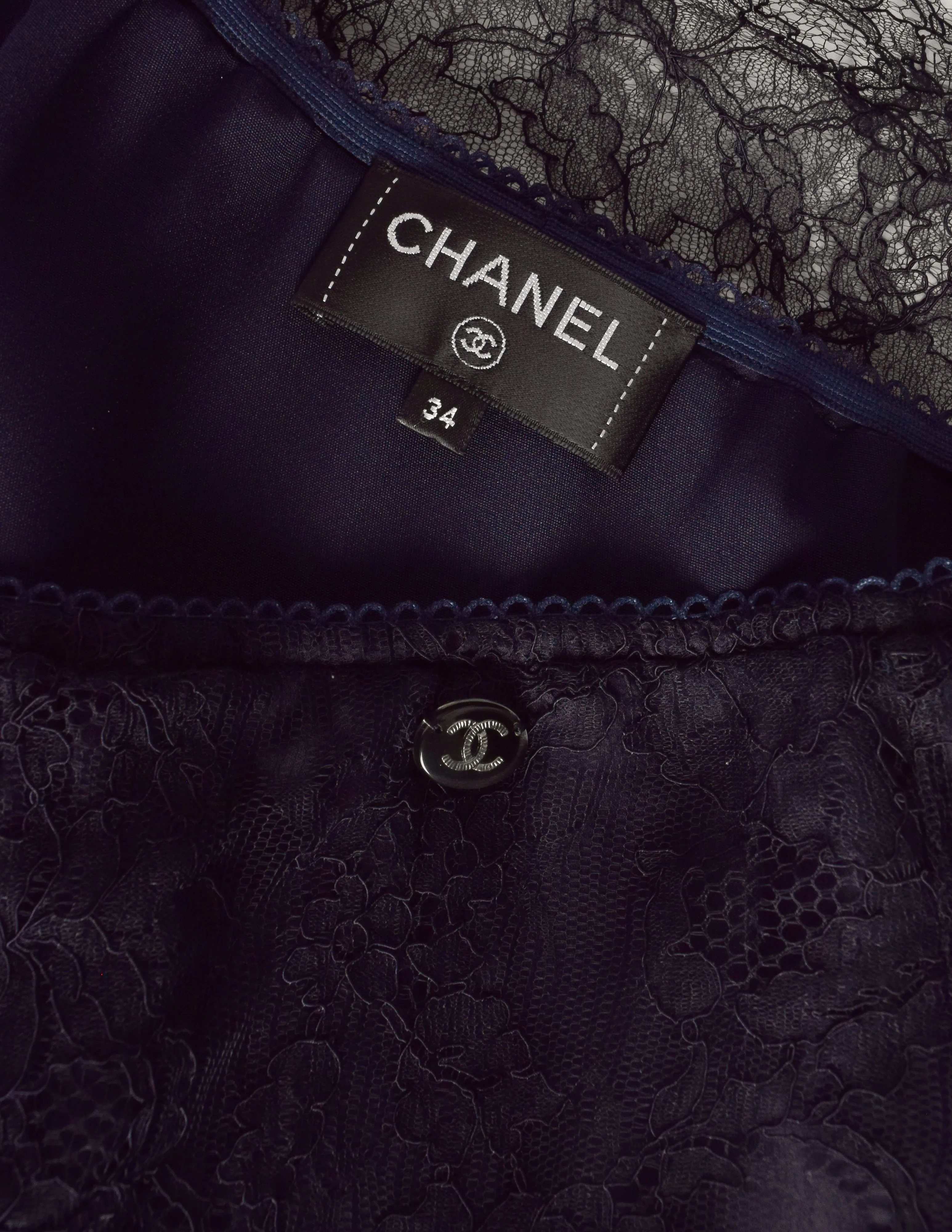 Chanel Vintage Navy Blue Silk and Lace Overlay Mini Skirt