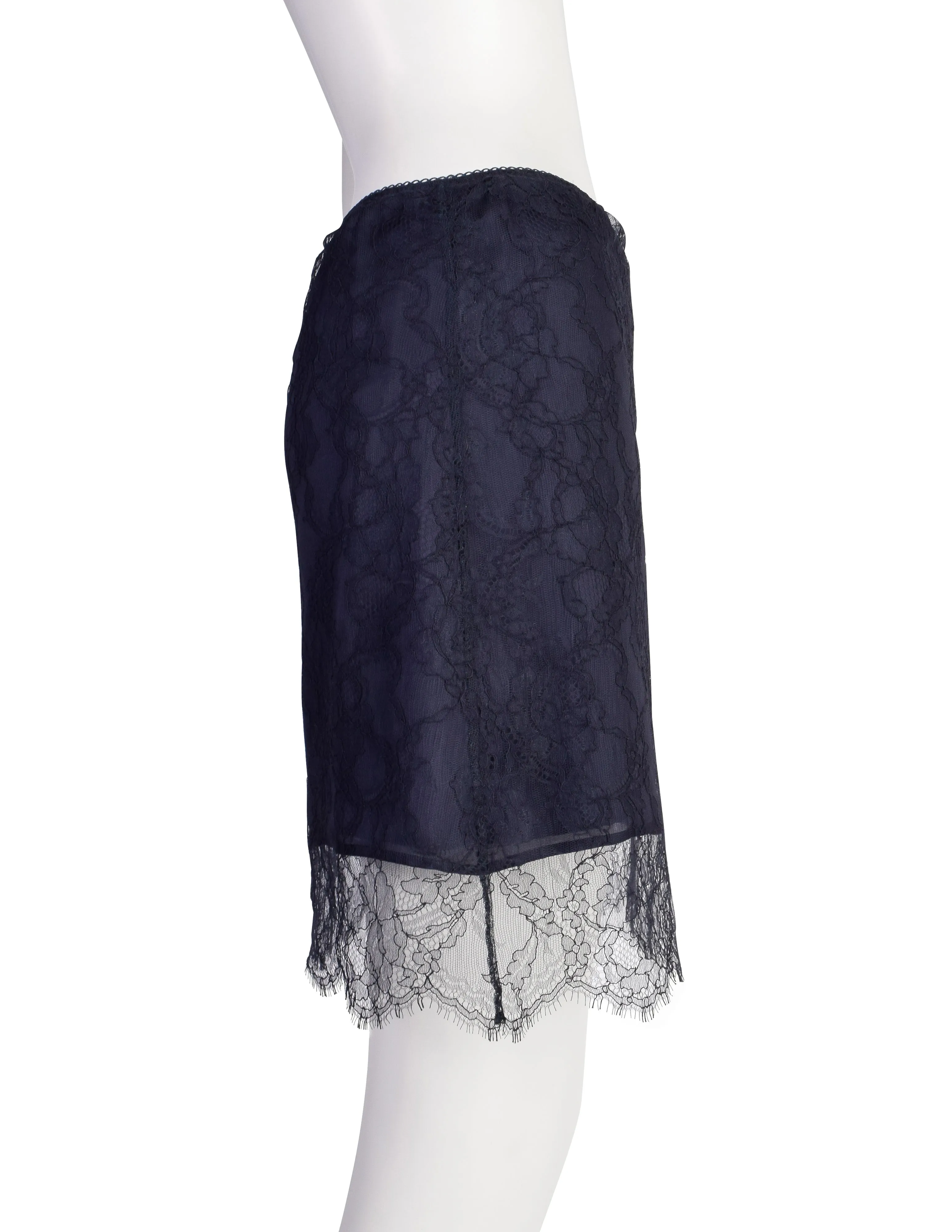 Chanel Vintage Navy Blue Silk and Lace Overlay Mini Skirt