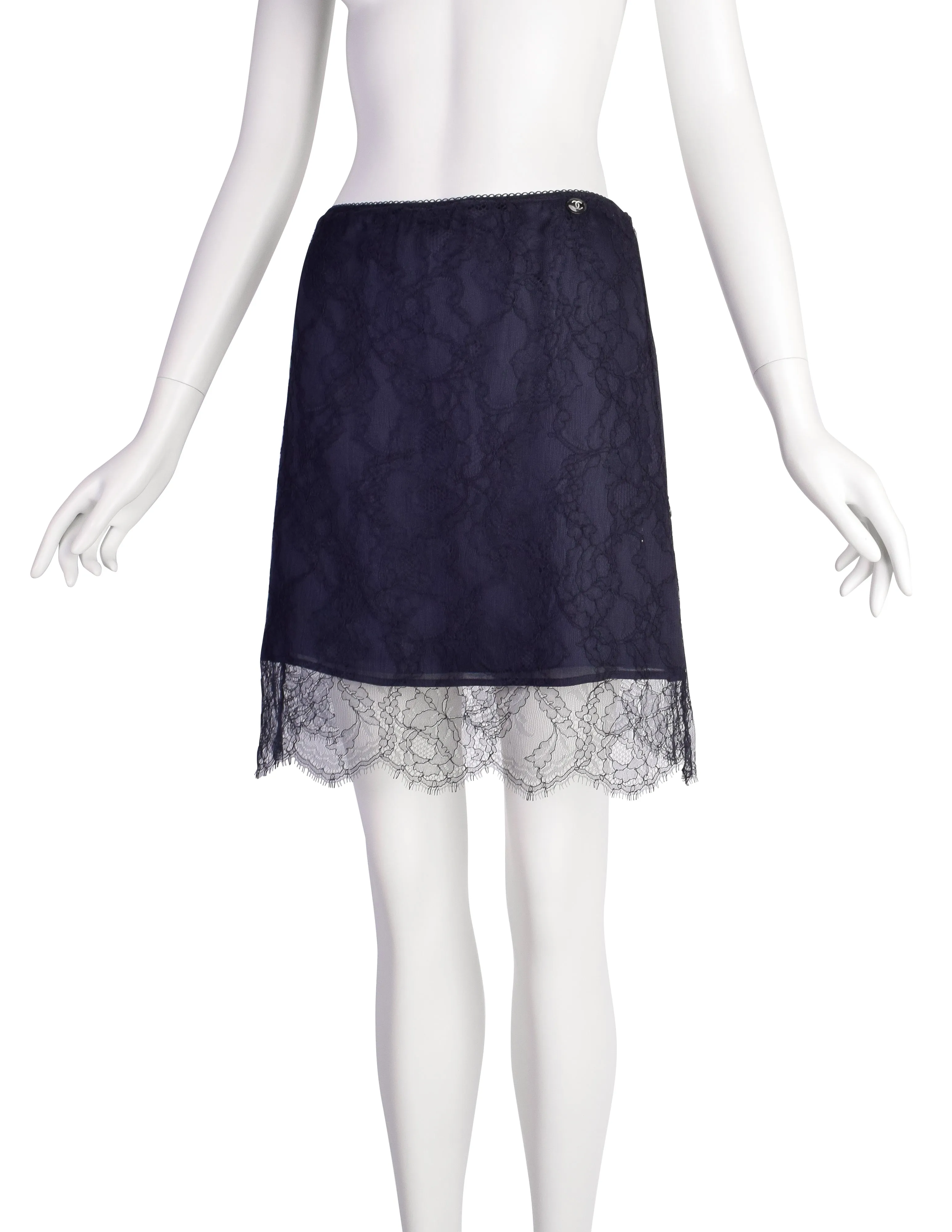 Chanel Vintage Navy Blue Silk and Lace Overlay Mini Skirt