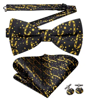 Christmas Black Gold Cane Pre-tied Bow Tie Hanky Cufflinks Set