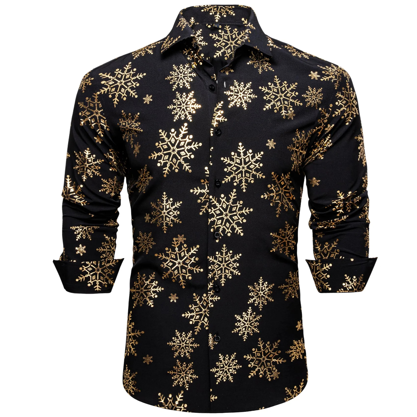 Christmas Black with Golden Snowflake Floral Men's Long Sleeve Shirt