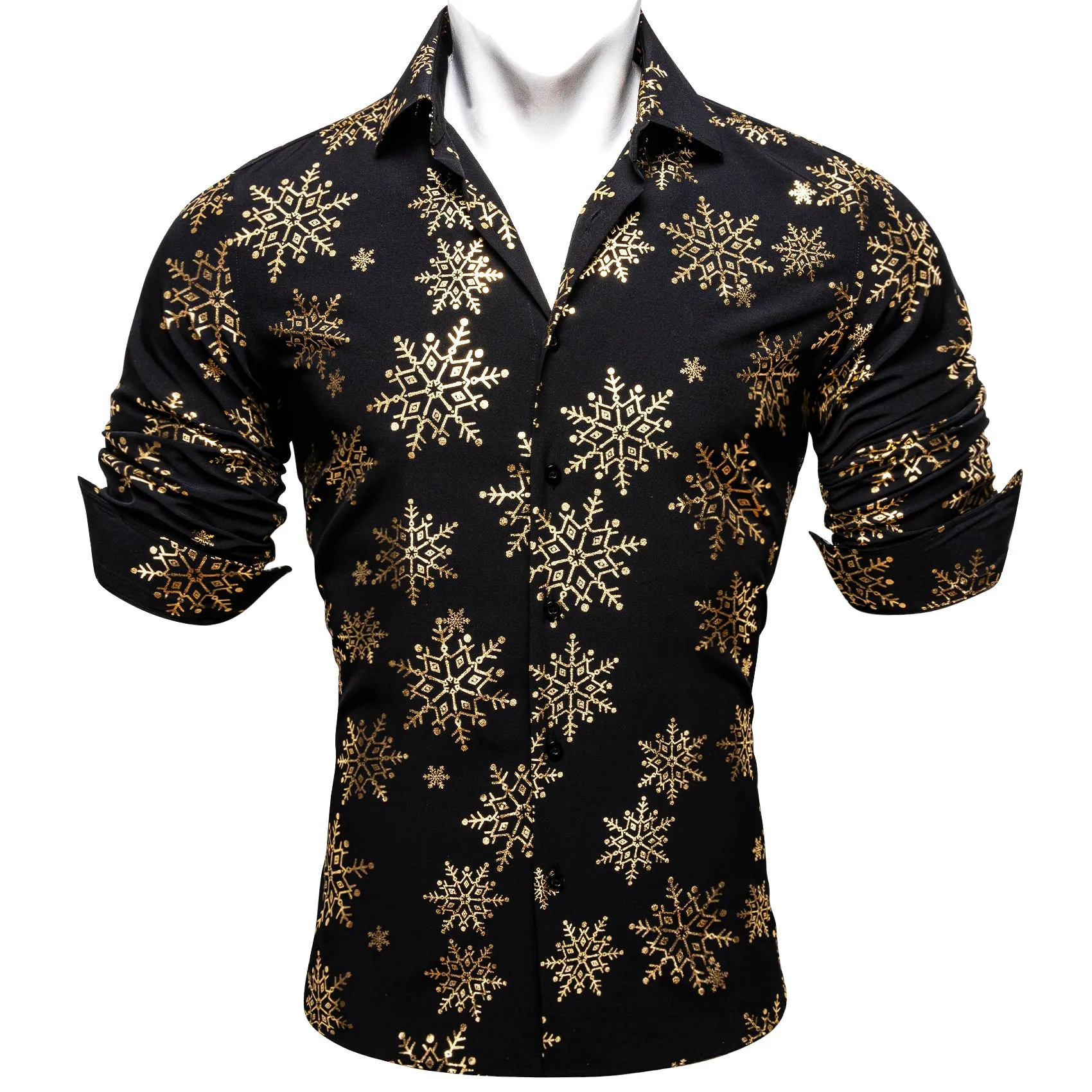 Christmas Black with Golden Snowflake Floral Men's Long Sleeve Shirt