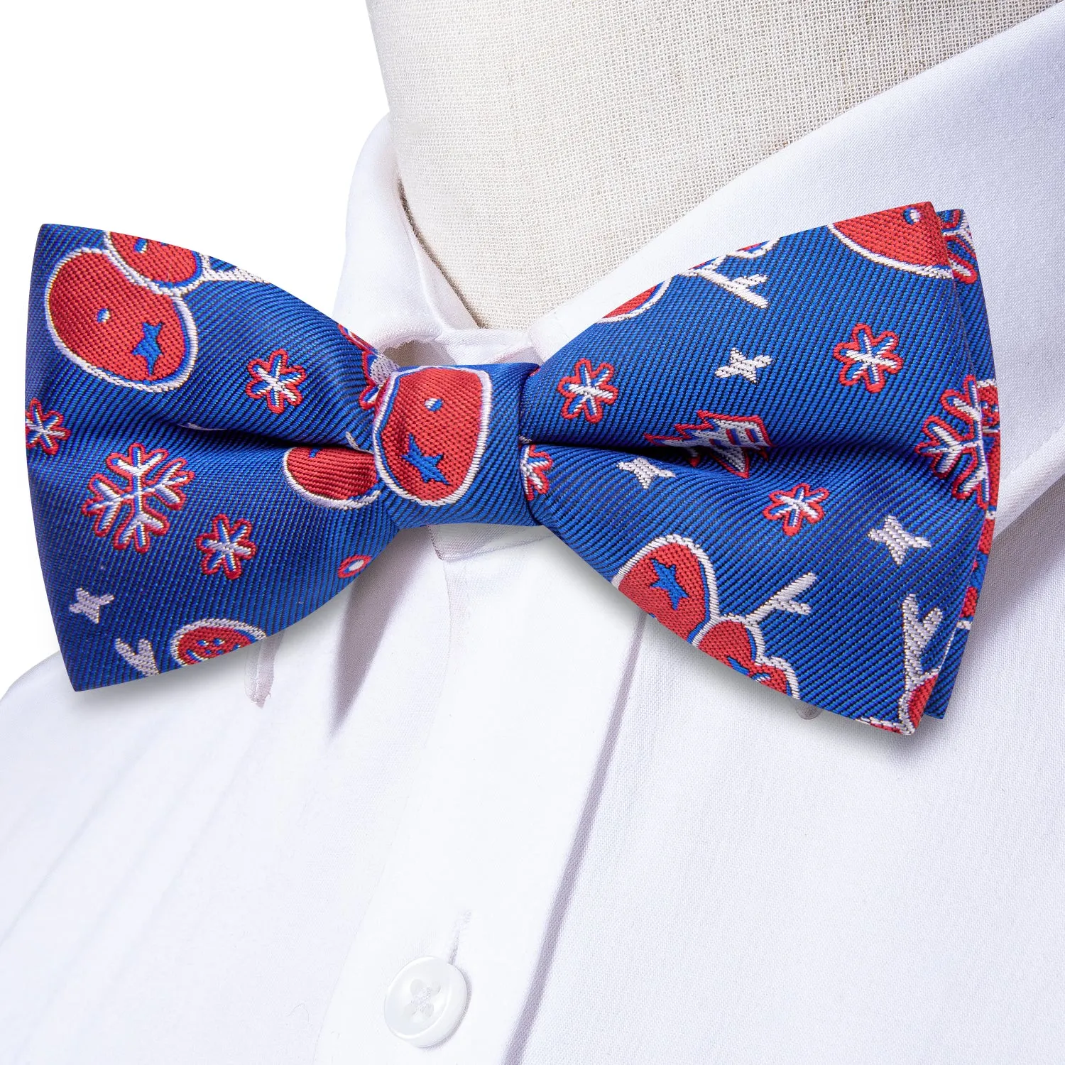 Christmas Blue Red Snowman Pre-tied Bow Tie Hanky Cufflinks Set