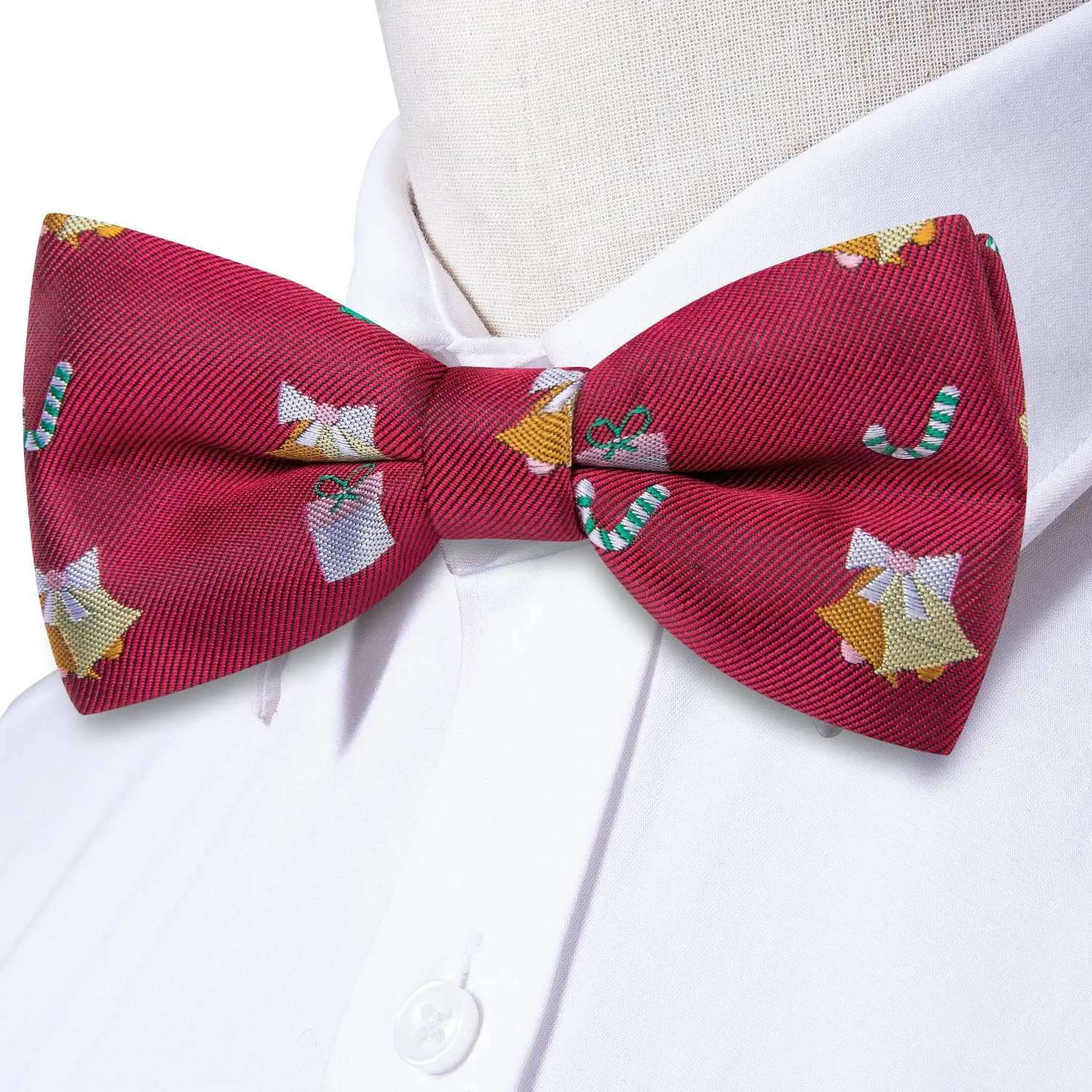 Christmas Deep Red Novelty Pre-tied Bow Tie Hanky Cufflinks Set