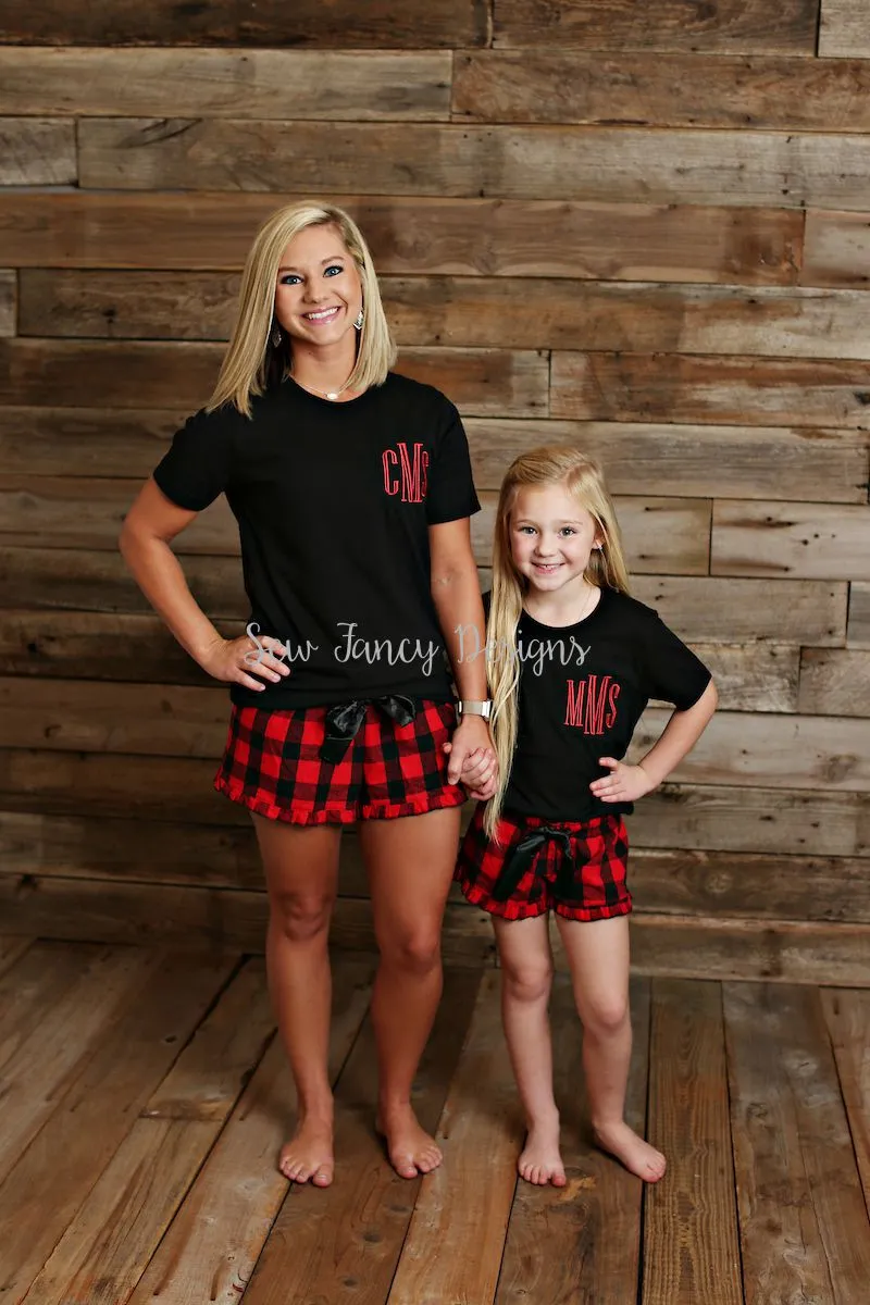 Christmas Pajamas - Black Shirt - Buffalo Plaid/Polka Dot Shorts