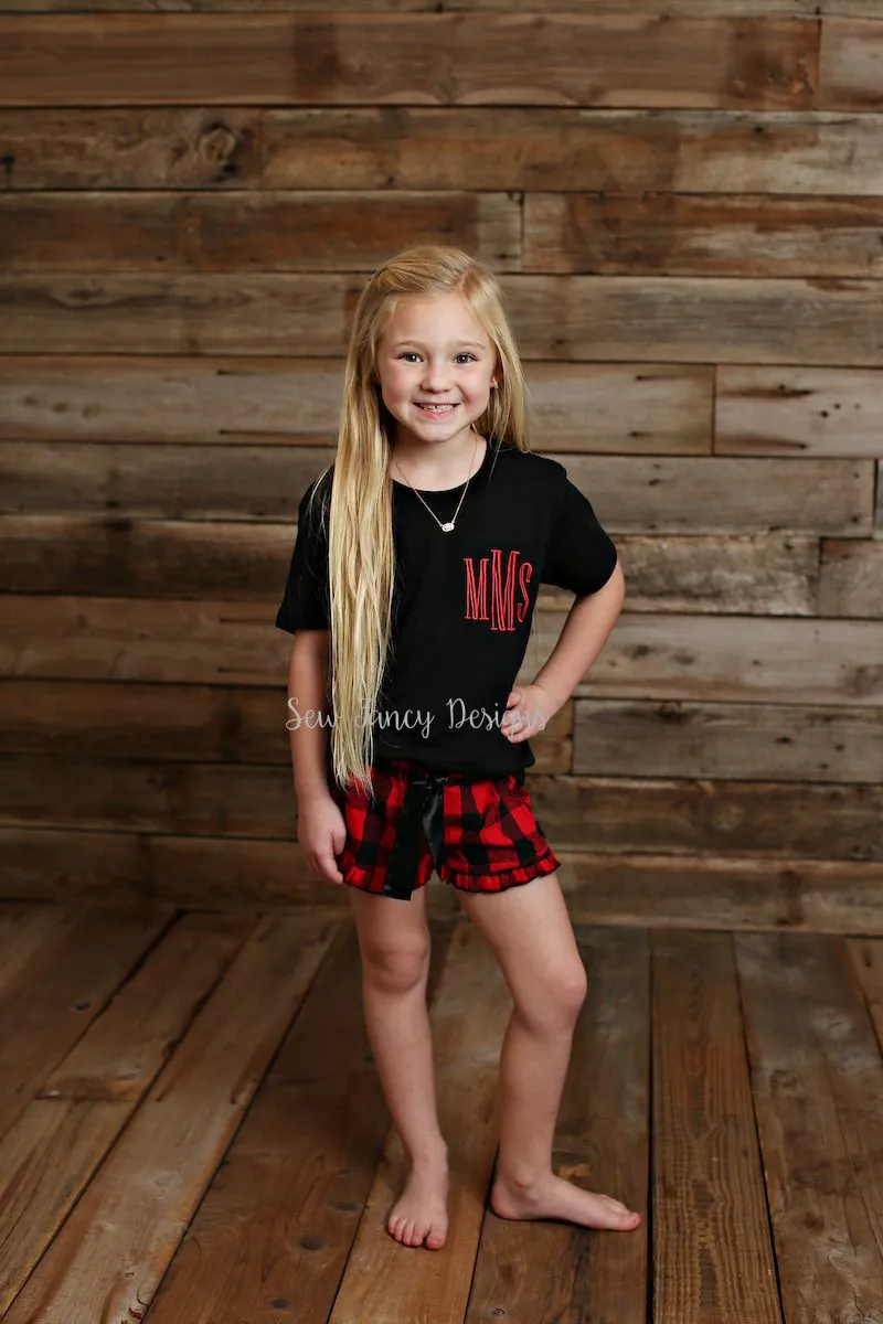 Christmas Pajamas - Black Shirt - Buffalo Plaid/Polka Dot Shorts