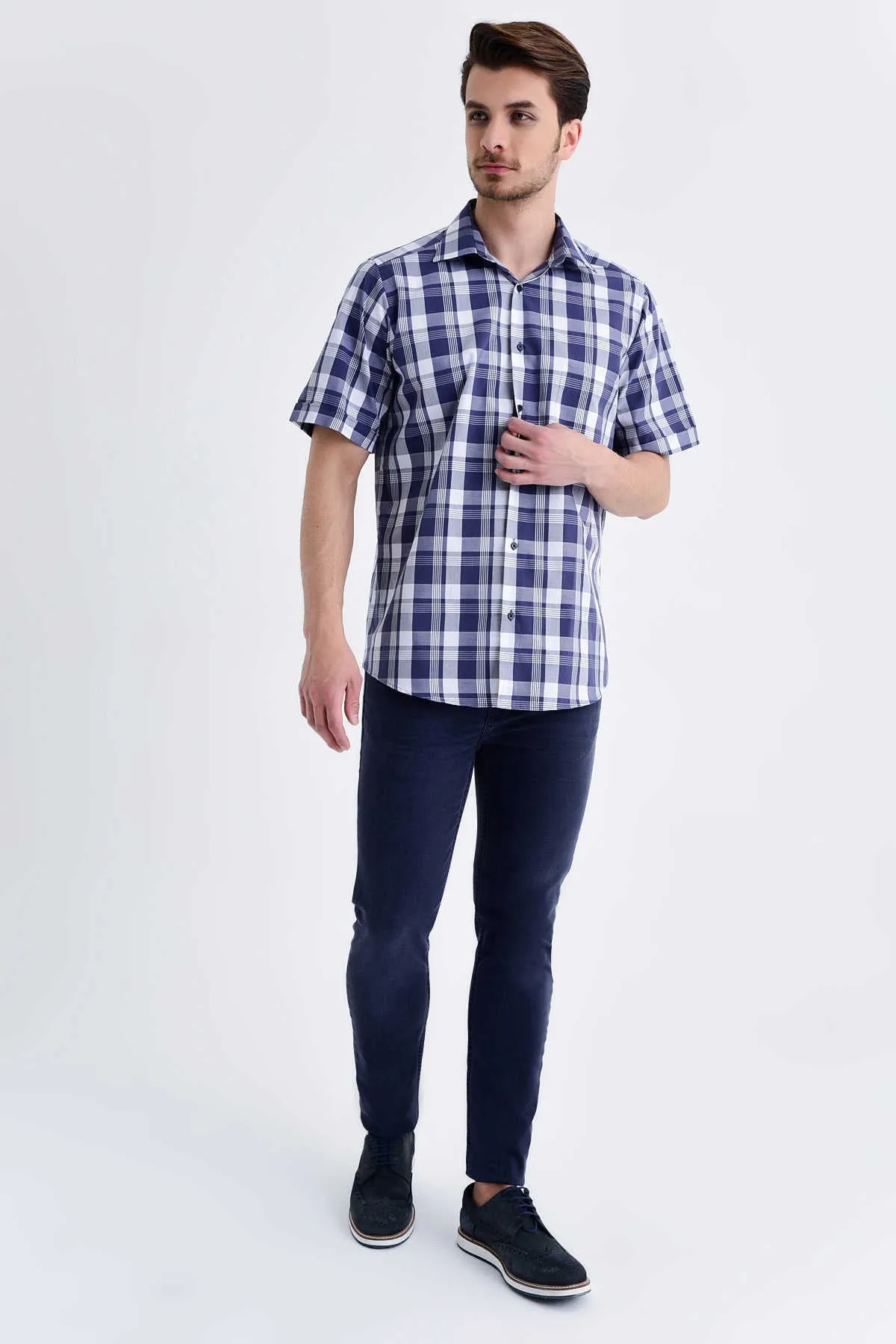 Classic Fit Plaid Cotton Navy Dress Shirt