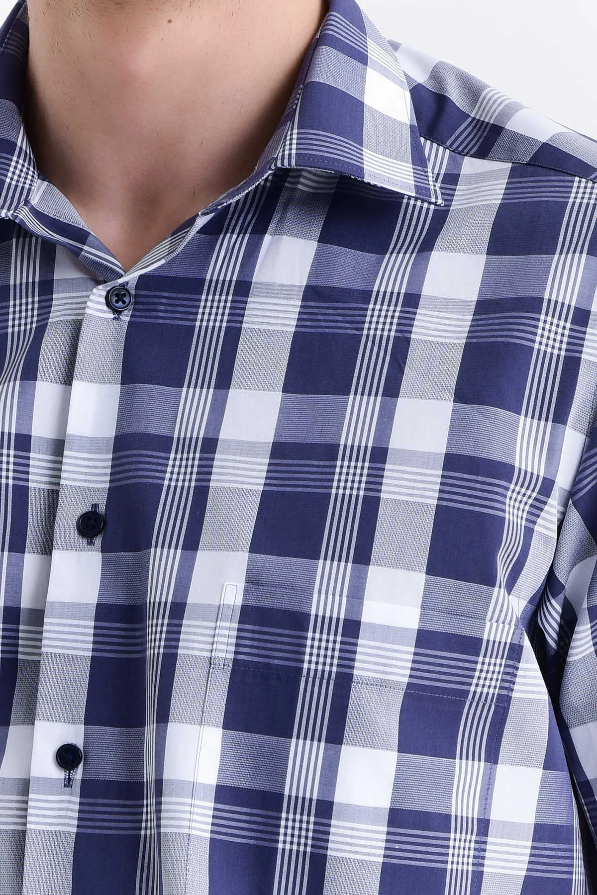 Classic Fit Plaid Cotton Navy Dress Shirt