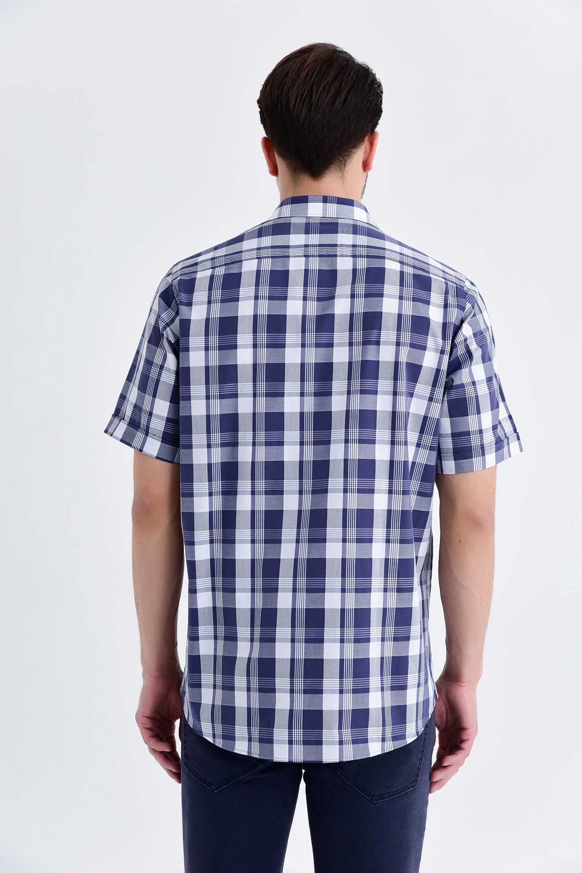 Classic Fit Plaid Cotton Navy Dress Shirt