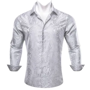 Classic Silver Paisley Silk Men's Long Sleeve Shirt