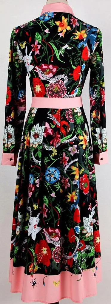 Color-Contrast Floral-Print Midi Shirt-Dress