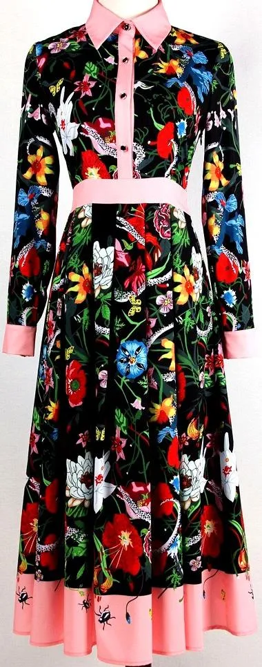 Color-Contrast Floral-Print Midi Shirt-Dress