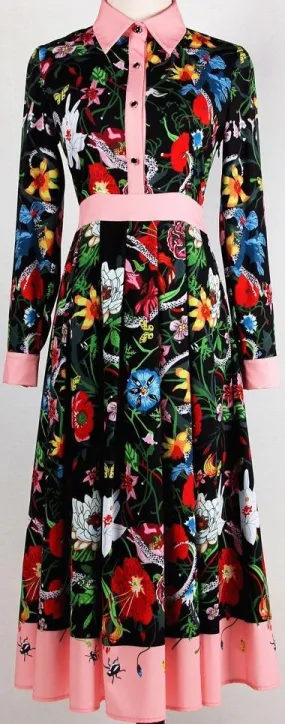 Color-Contrast Floral-Print Midi Shirt-Dress