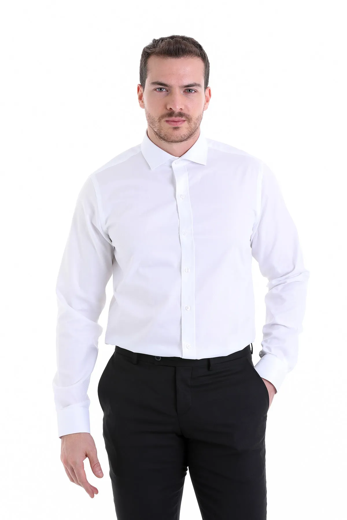 Comfort Fit Italian Spread Collar Cotton White Dress Shirt