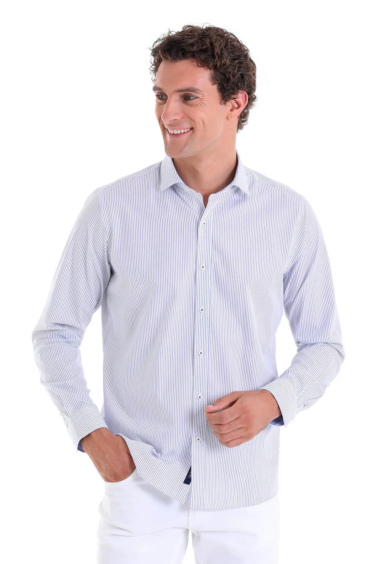 Comfort Fit Striped Long Sleeve Cotton Navy Dress Shirt