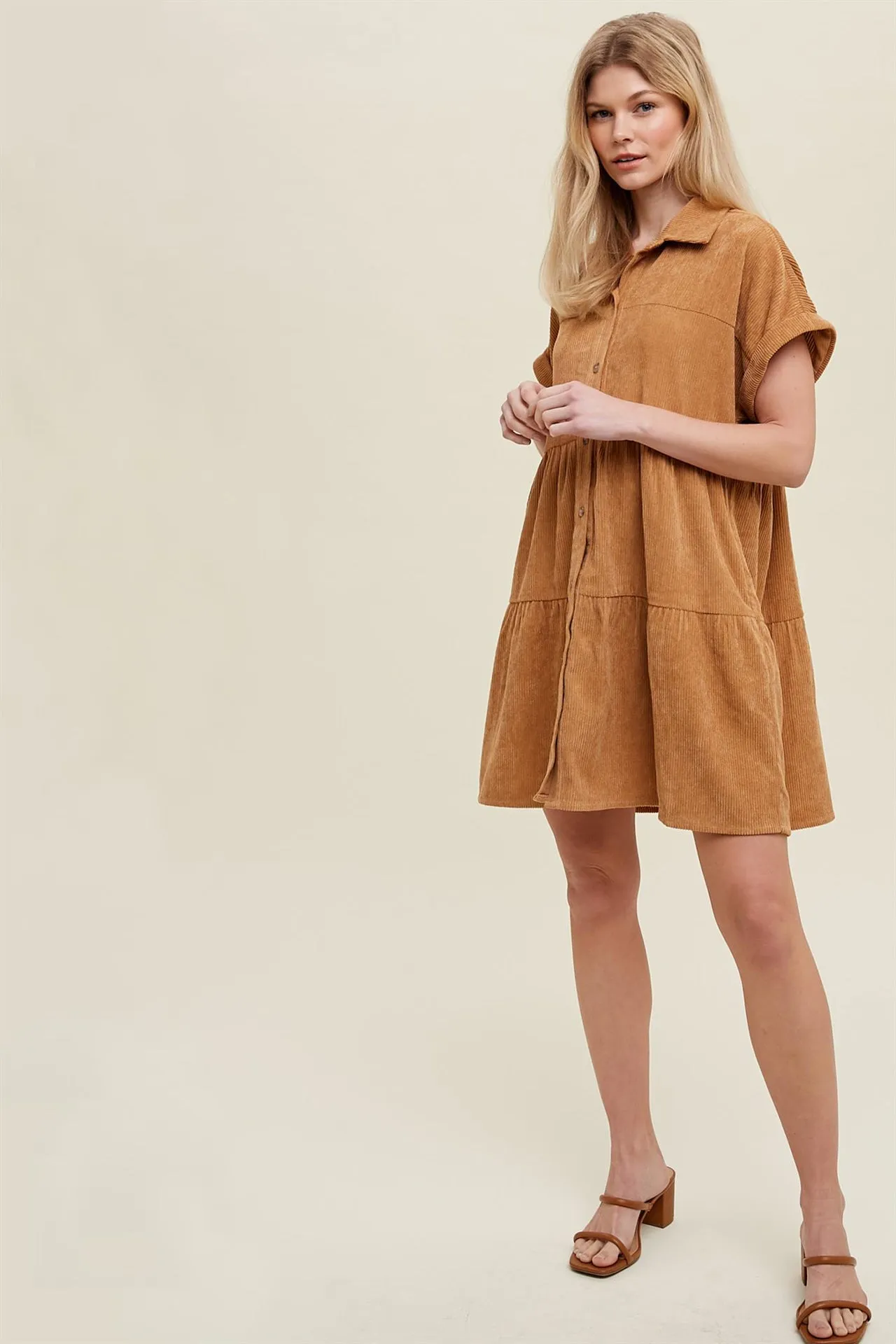 Corduroy tiered mini dress with buttons and side pockets