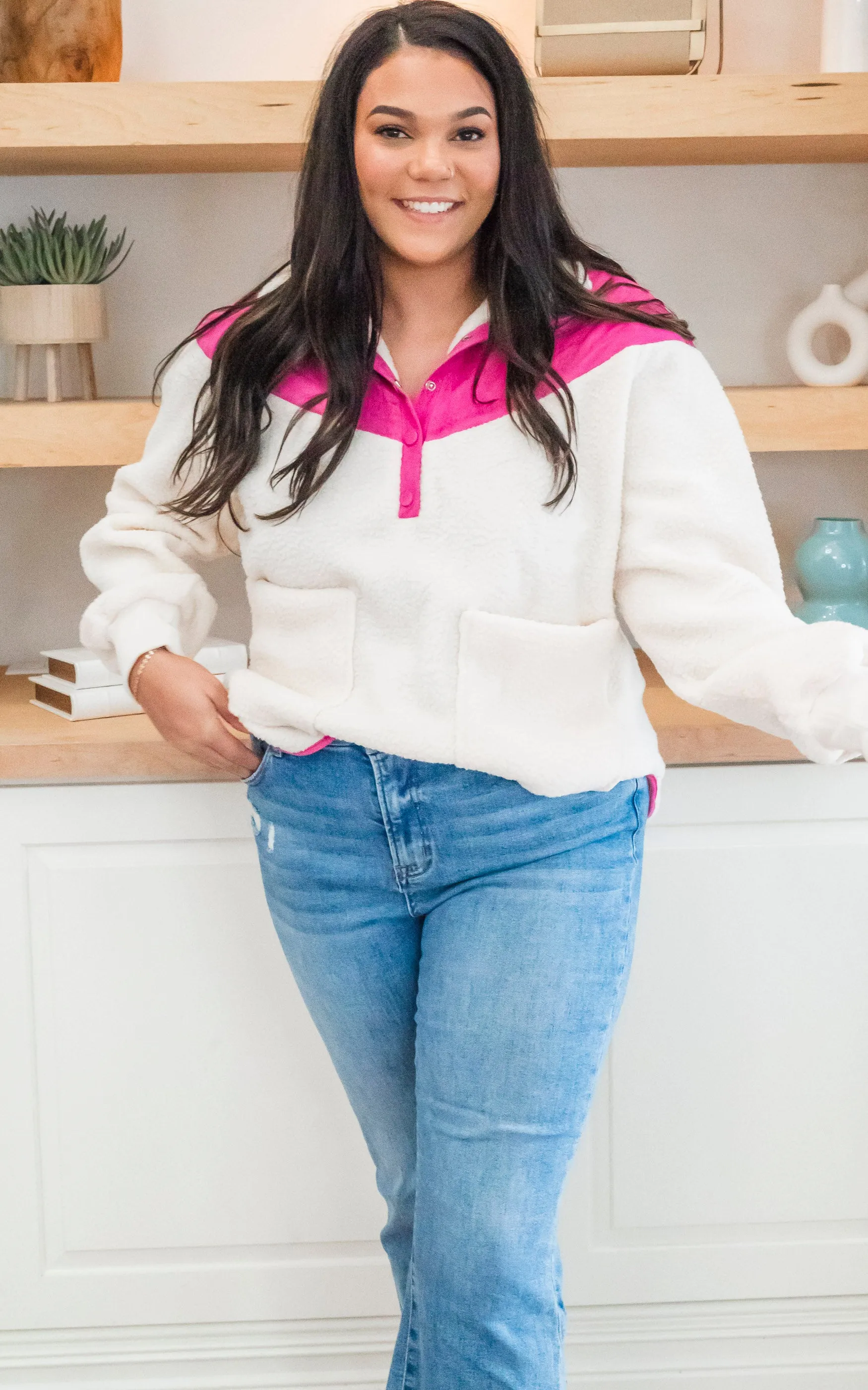 Cream Sherpa Jacket w/ a Pop of Fuchsia - Final Sale*