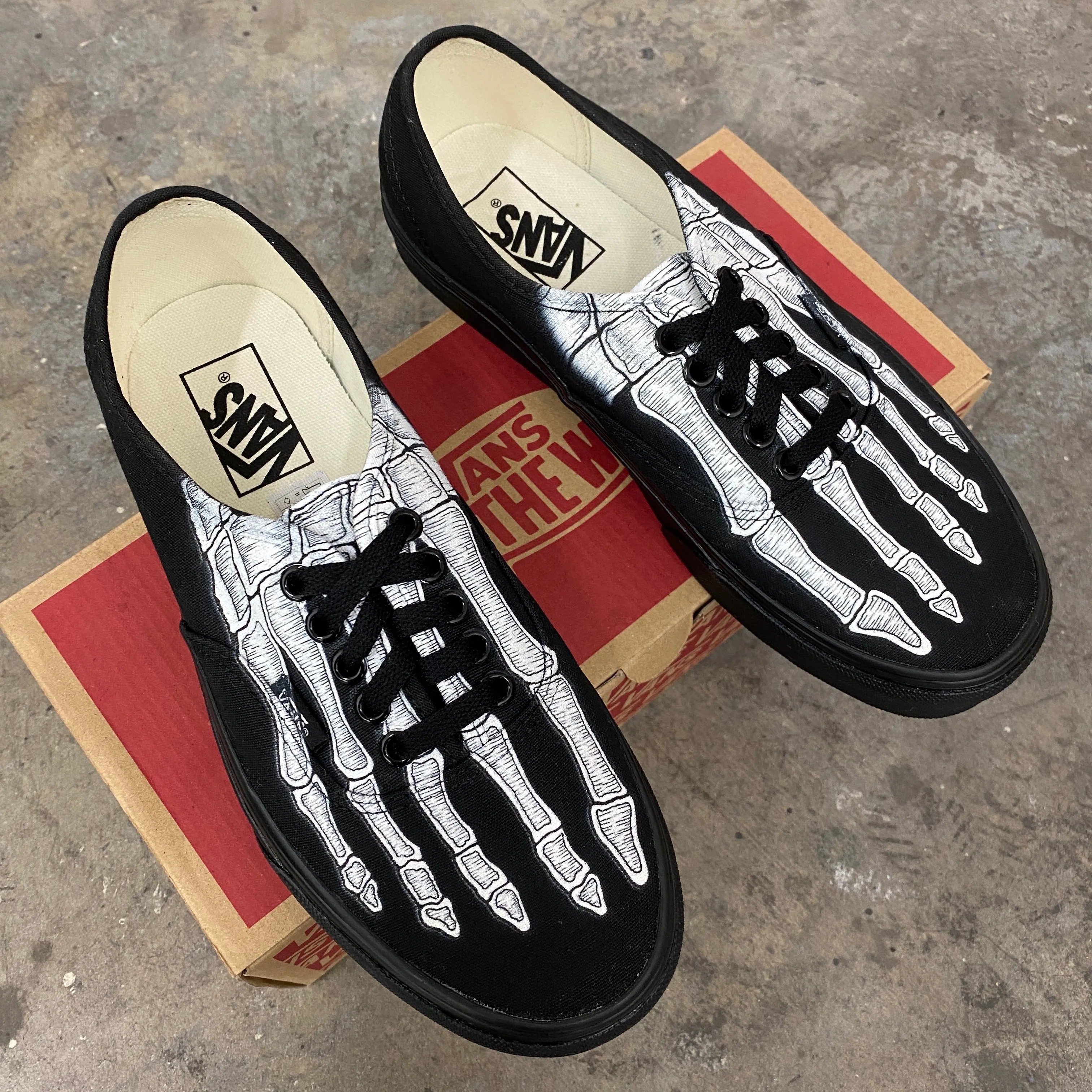 Custom Authentics All Black Skeleton Boney Feet - Custom Vans Shoes