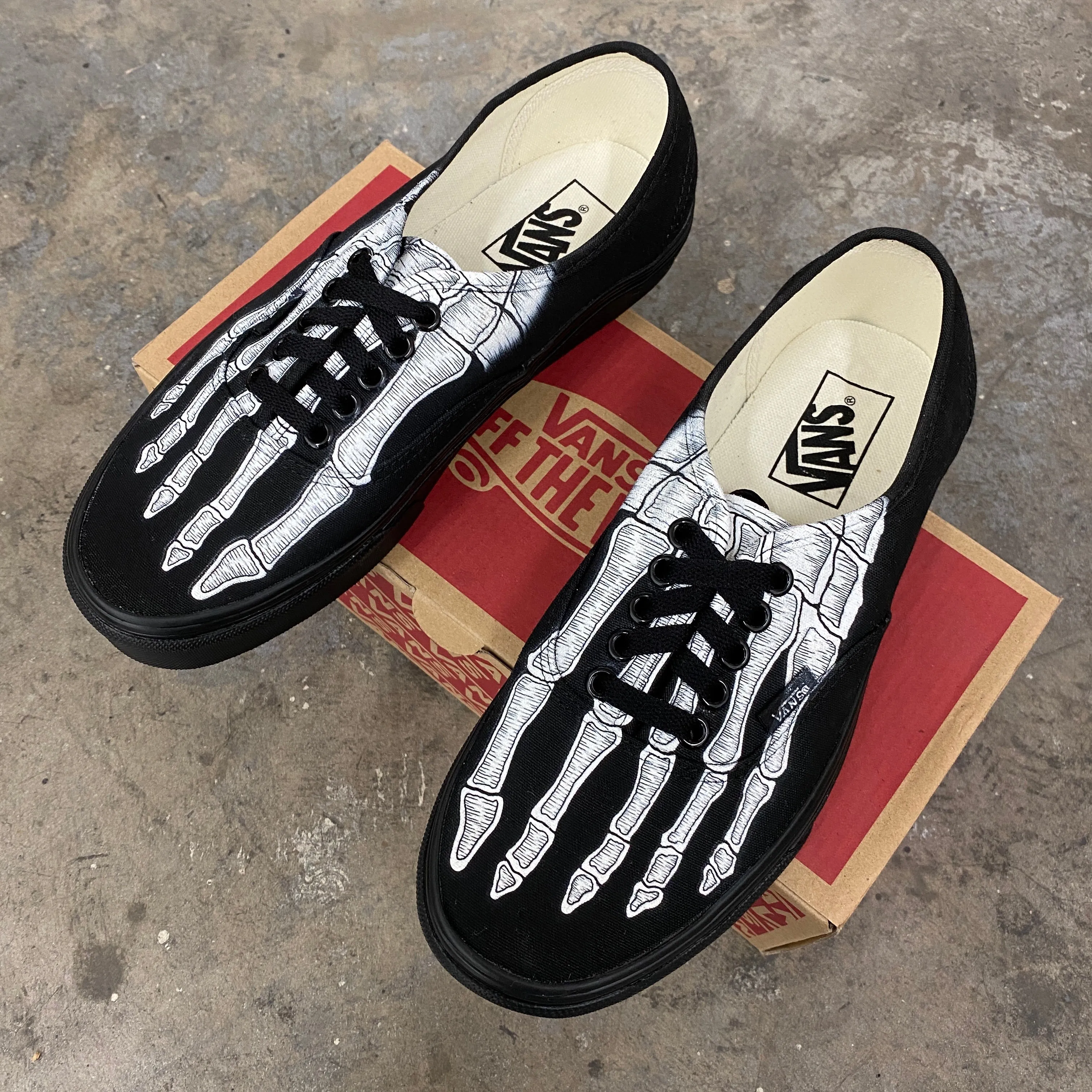 Custom Authentics All Black Skeleton Boney Feet - Custom Vans Shoes