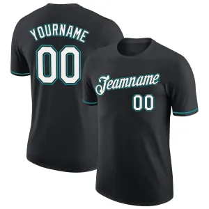 Custom Black White-Teal Performance T-Shirt