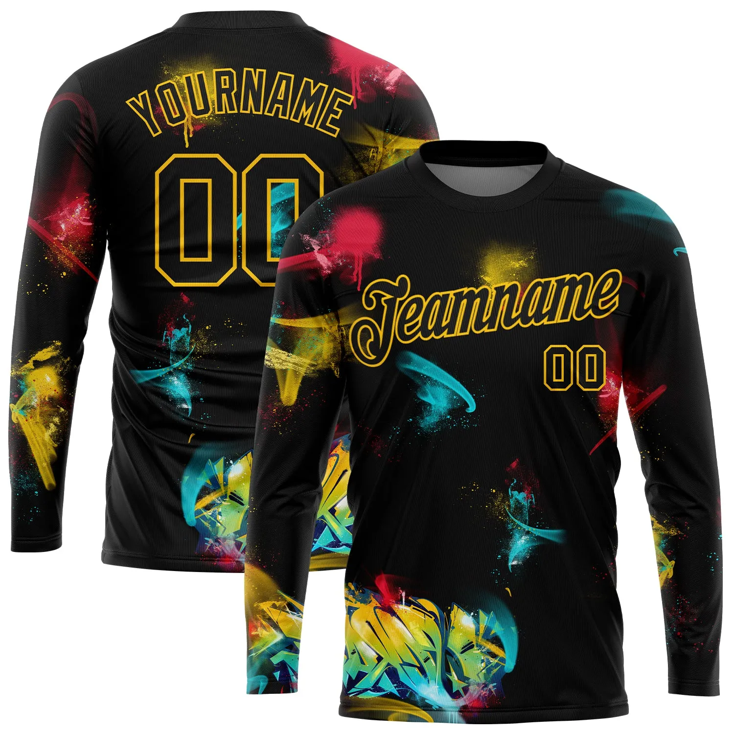 Custom Graffiti Pattern Black-Gold 3D Long Sleeve Performance T-Shirt