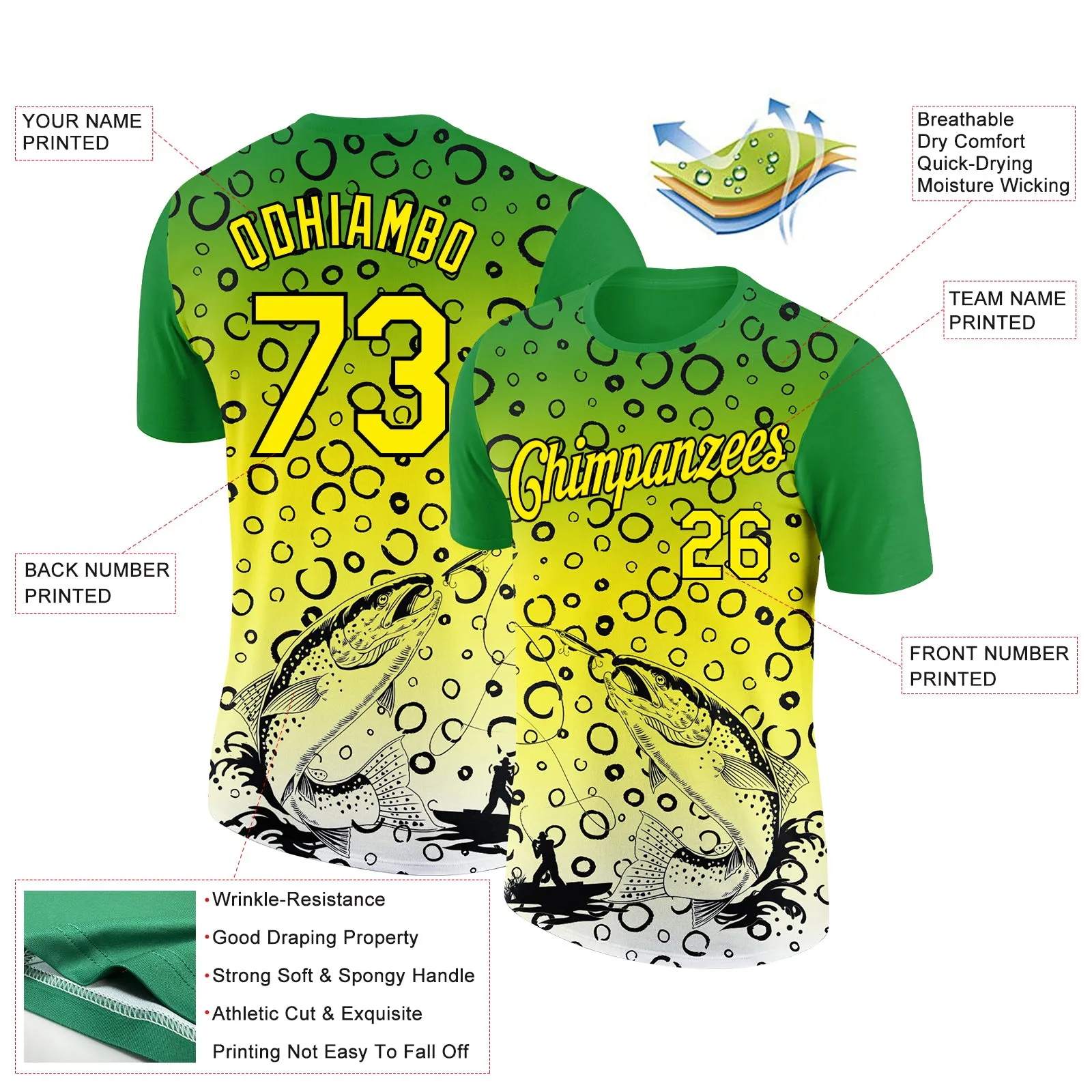 Custom Grass Green Light Yellow-Black 3D Pattern Design Trout Fish Fishing Performance T-Shirt