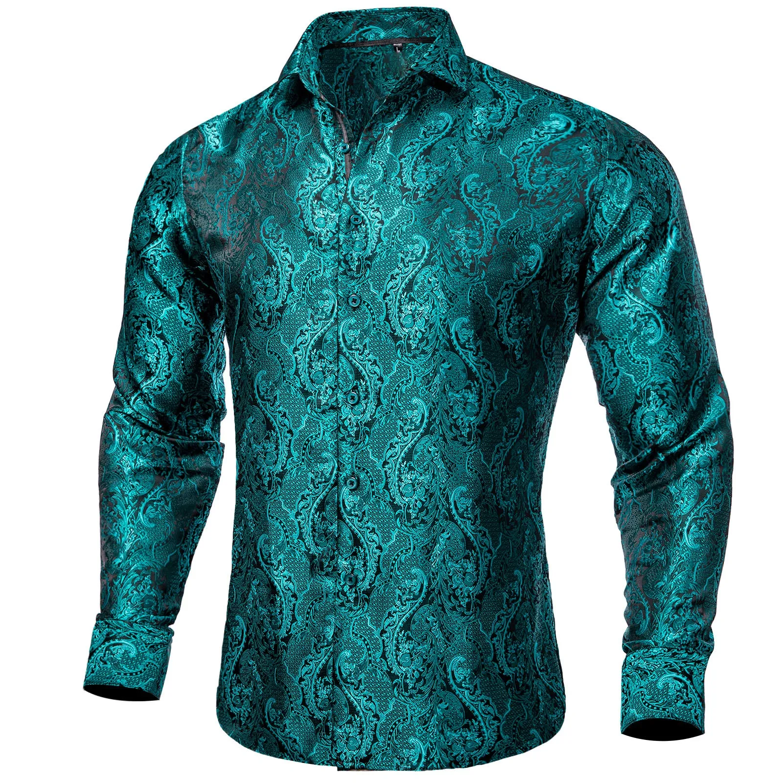 Dark Cyan Floral Silk Men's Long Sleeve Shirt