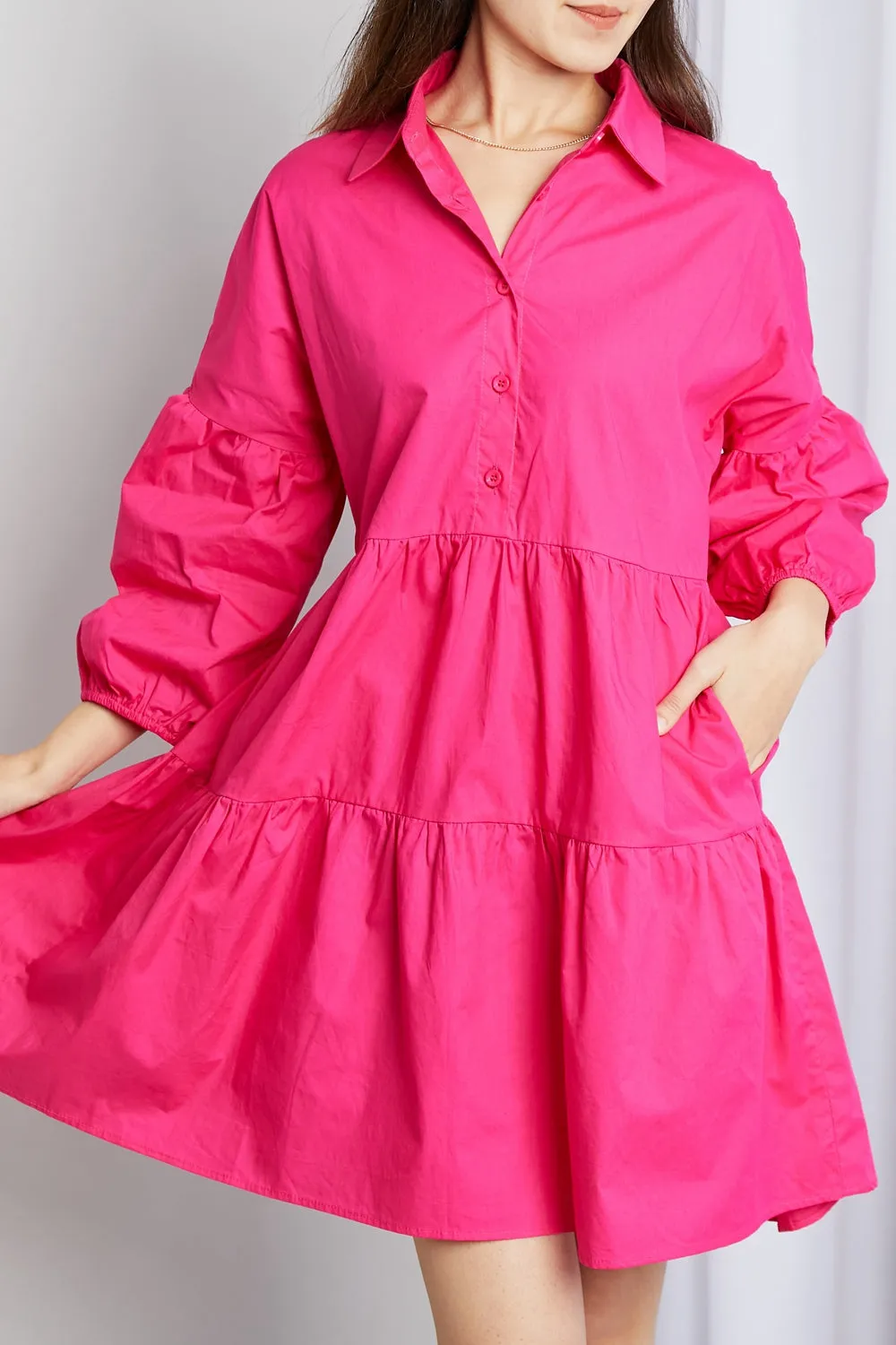 Davi & Dani Full Size Buttoned Puff Sleeve Tiered Shirt Dress