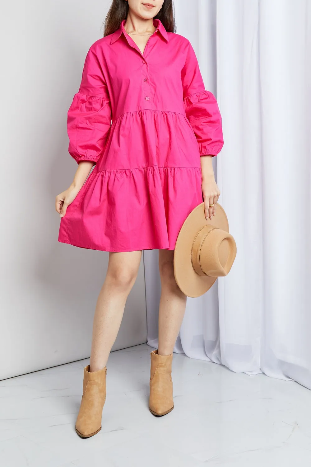 Davi & Dani Full Size Buttoned Puff Sleeve Tiered Shirt Dress