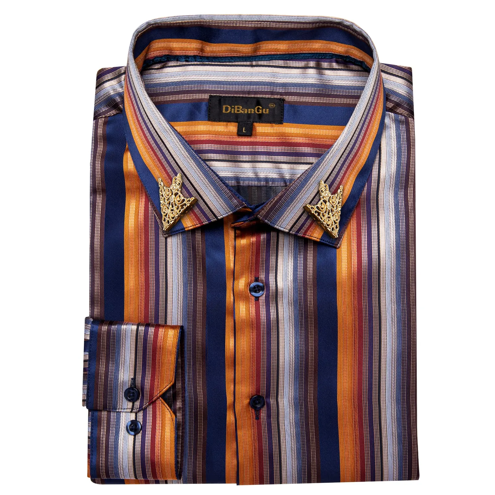 DiBanGu Collared Shirt Blue Orange Striped Silk Button Down Long Sleeve Mens Work Shirt