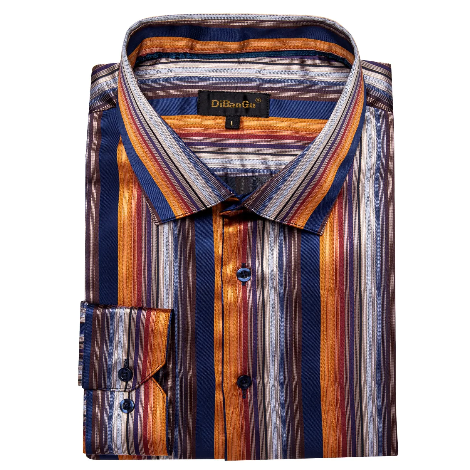 DiBanGu Collared Shirt Blue Orange Striped Silk Button Down Long Sleeve Mens Work Shirt